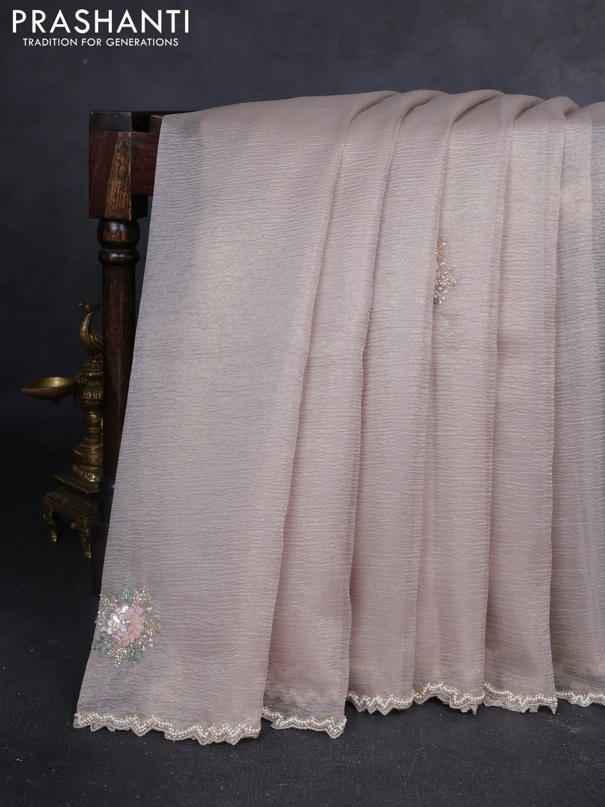 Crush tissue saree beige with allover floral embroidery sequin work