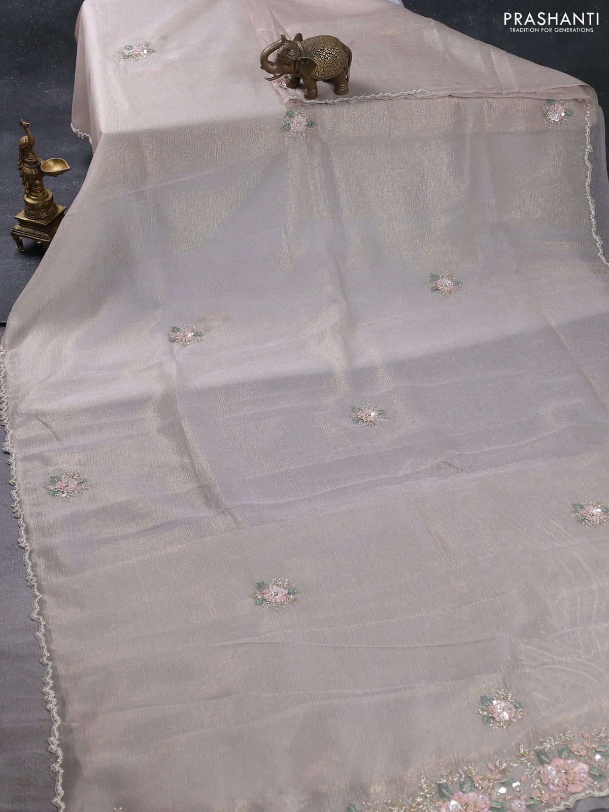 Crush tissue saree beige with allover floral embroidery sequin work - Image 2