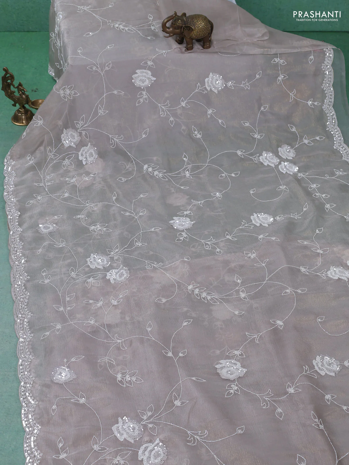Crush tissue saree beige with allover sequin & cut beaded work - Image 2
