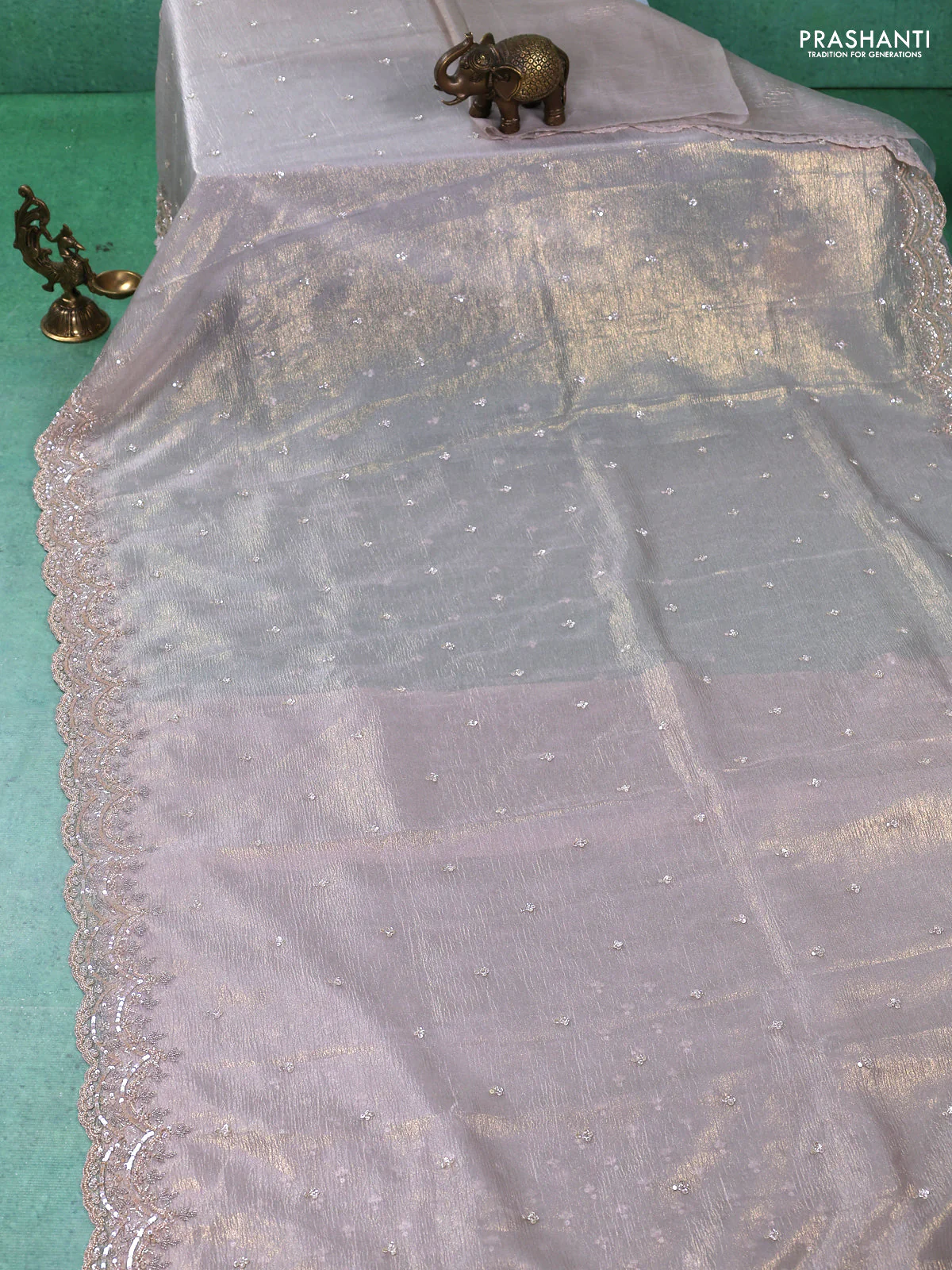 Crush tissue saree beige with floral embroidery & sequin work - Image 2