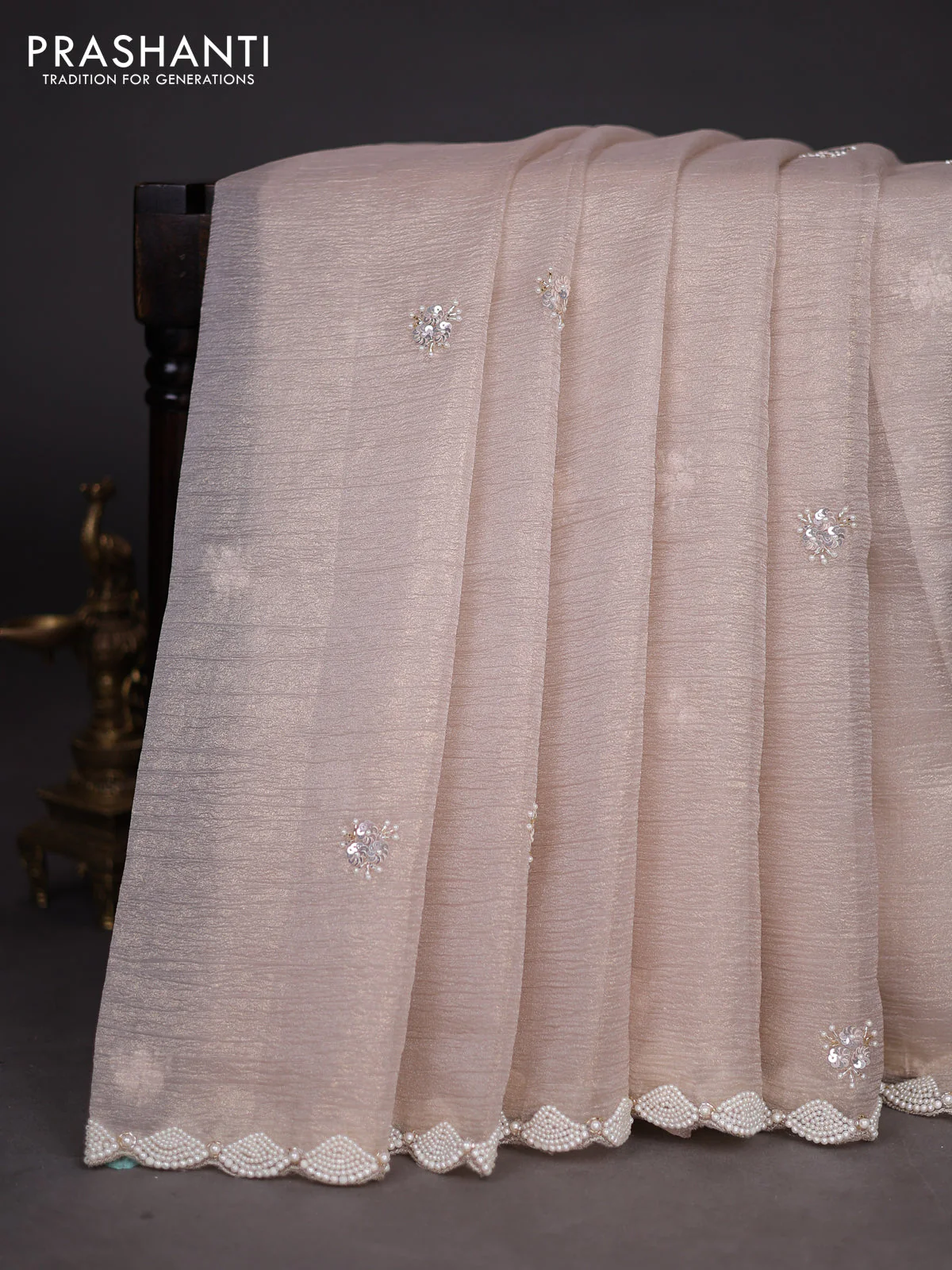 Crush tissue saree beige with sequin & beaded work