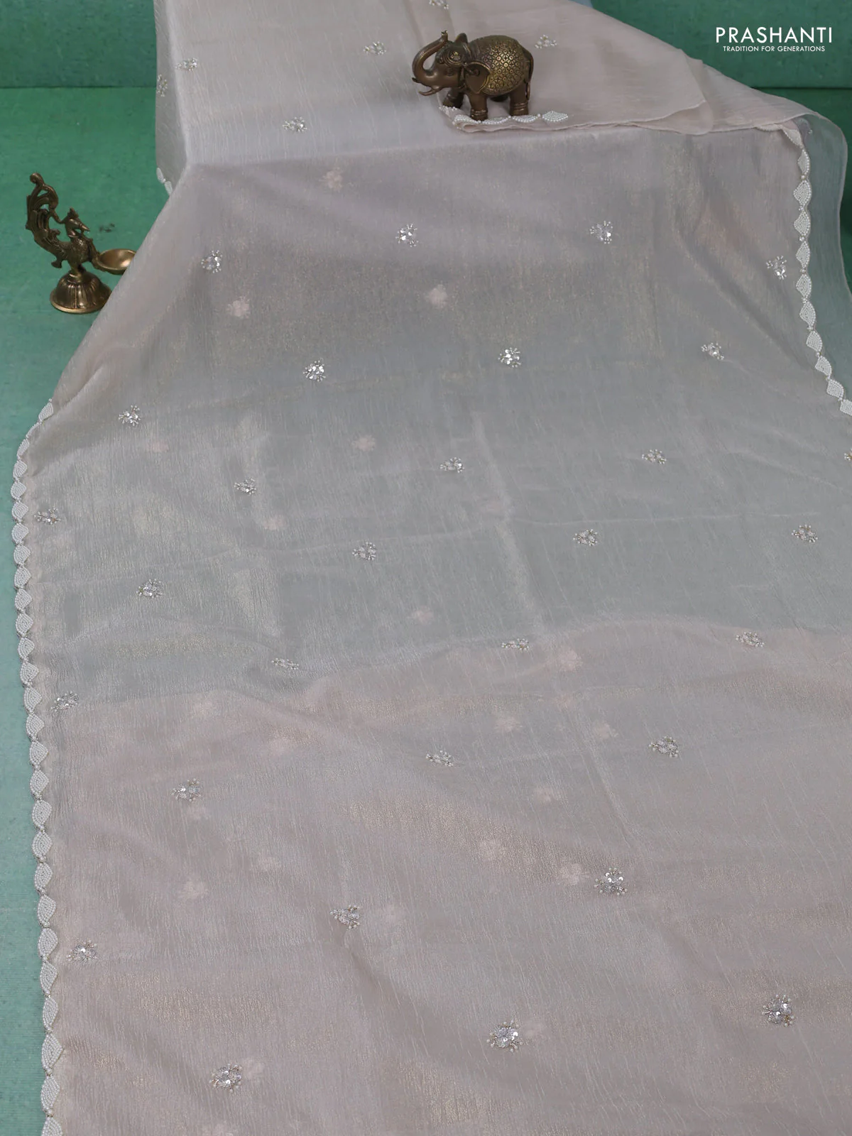 Crush tissue saree beige with sequin & beaded work - Image 2