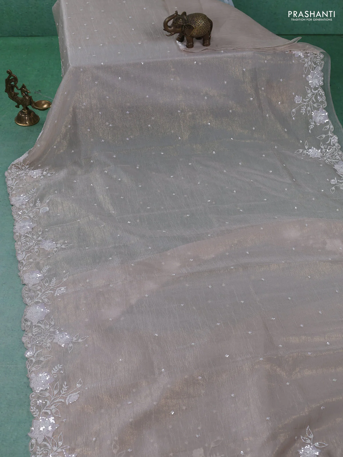 Crush tissue saree beige with sequin & cut beaded work - Image 2