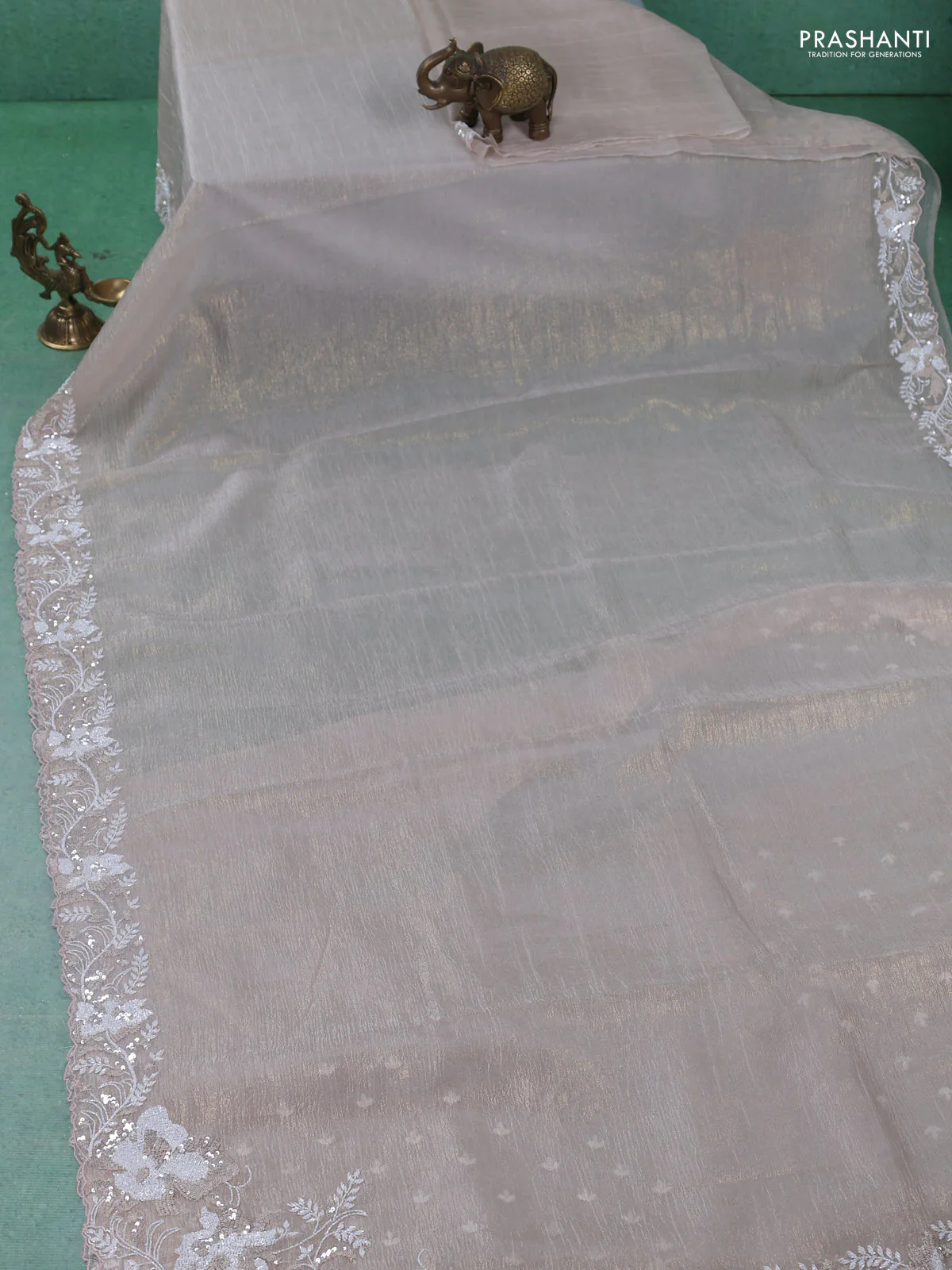 Crush tissue saree beige with sequin & cut beaded work - Image 2