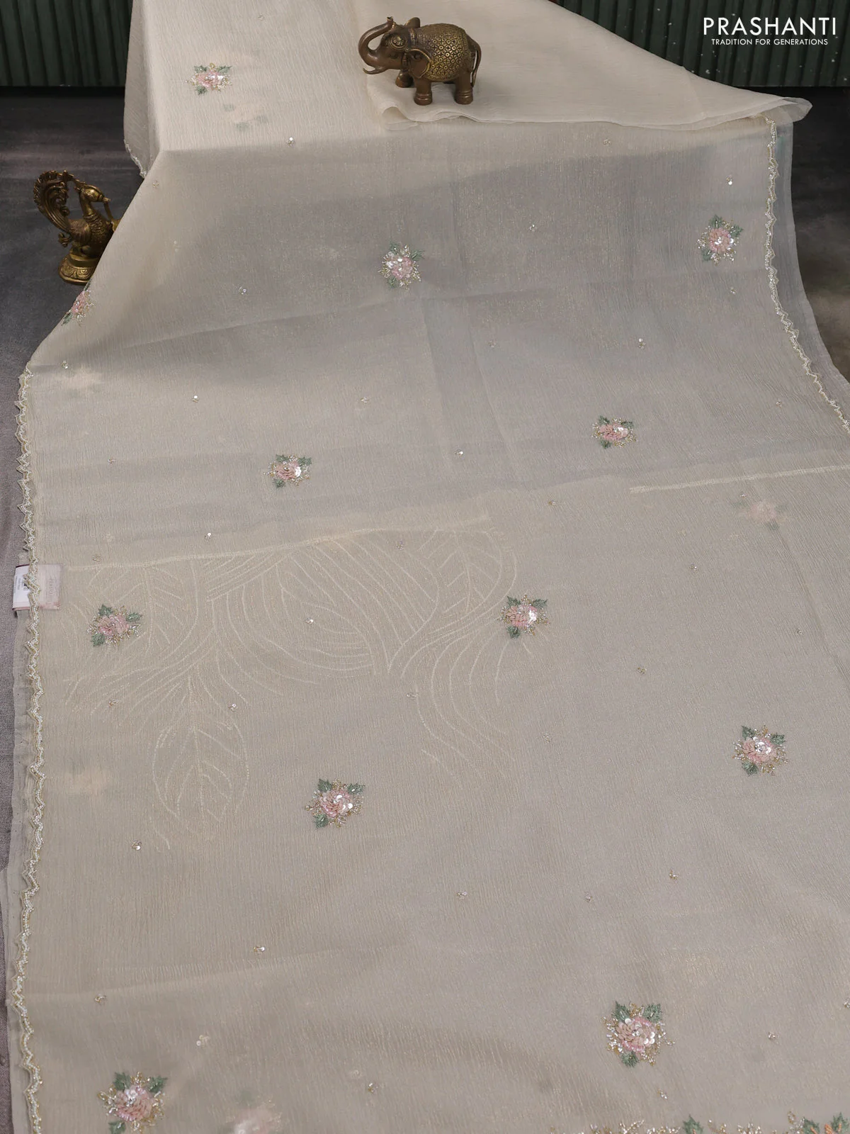 Crush tissue saree cream with allover floral embroidery sequin work - Image 2