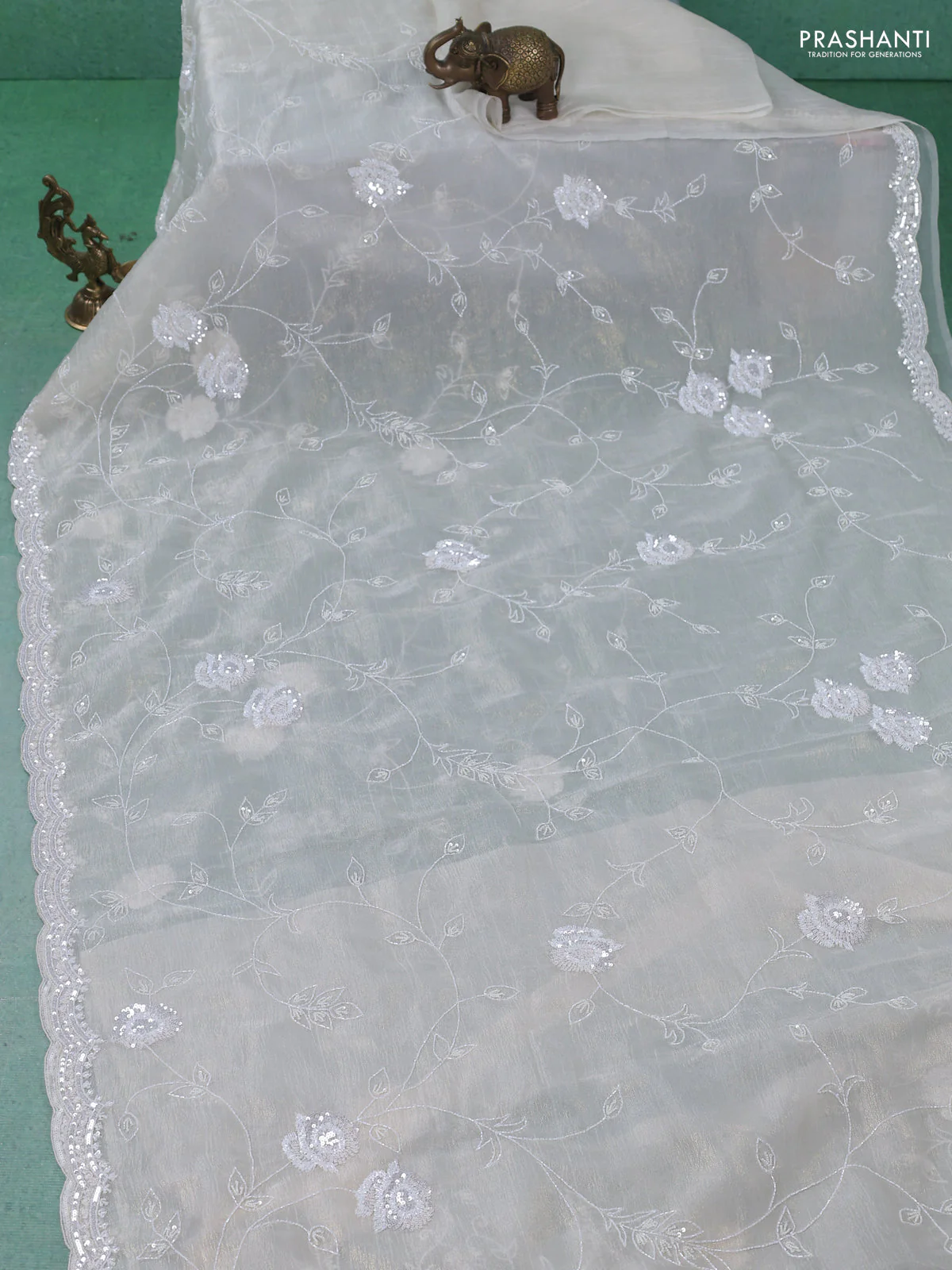 Crush tissue saree cream with allover sequin & cut beaded work - Image 2