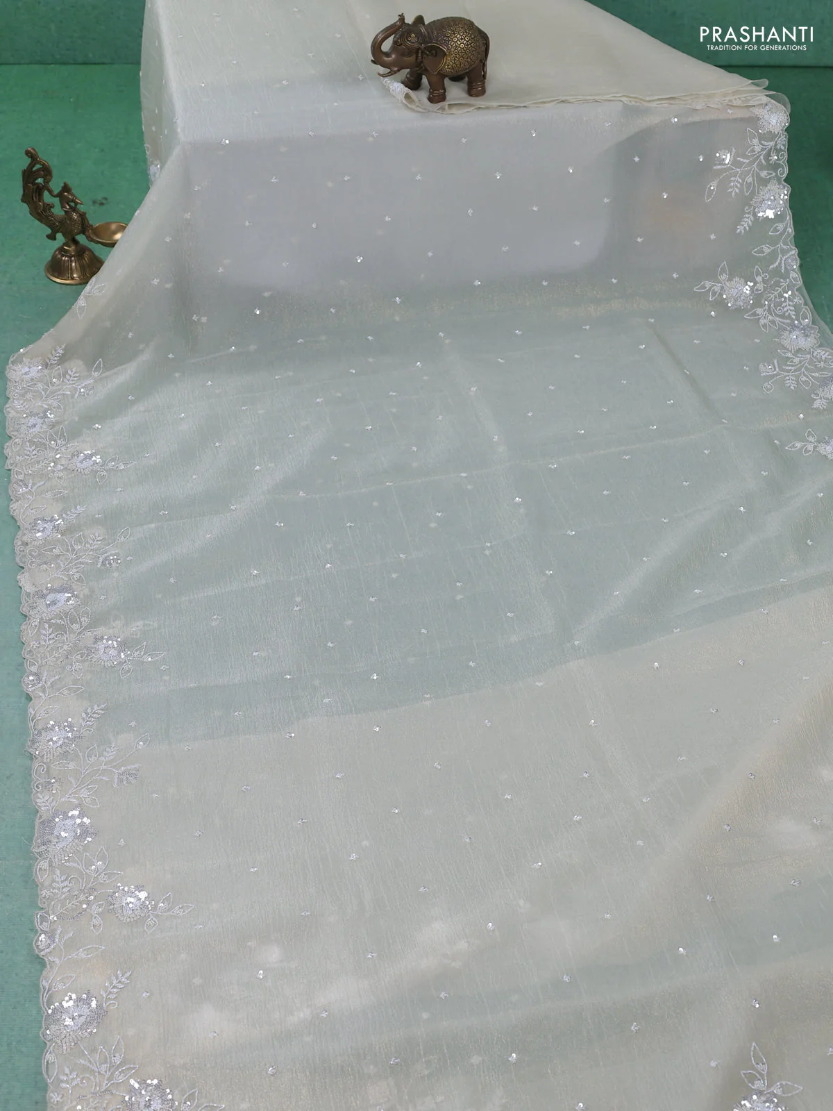 Crush tissue saree cream with beaded work and sequin & cut beaded work border - Image 2