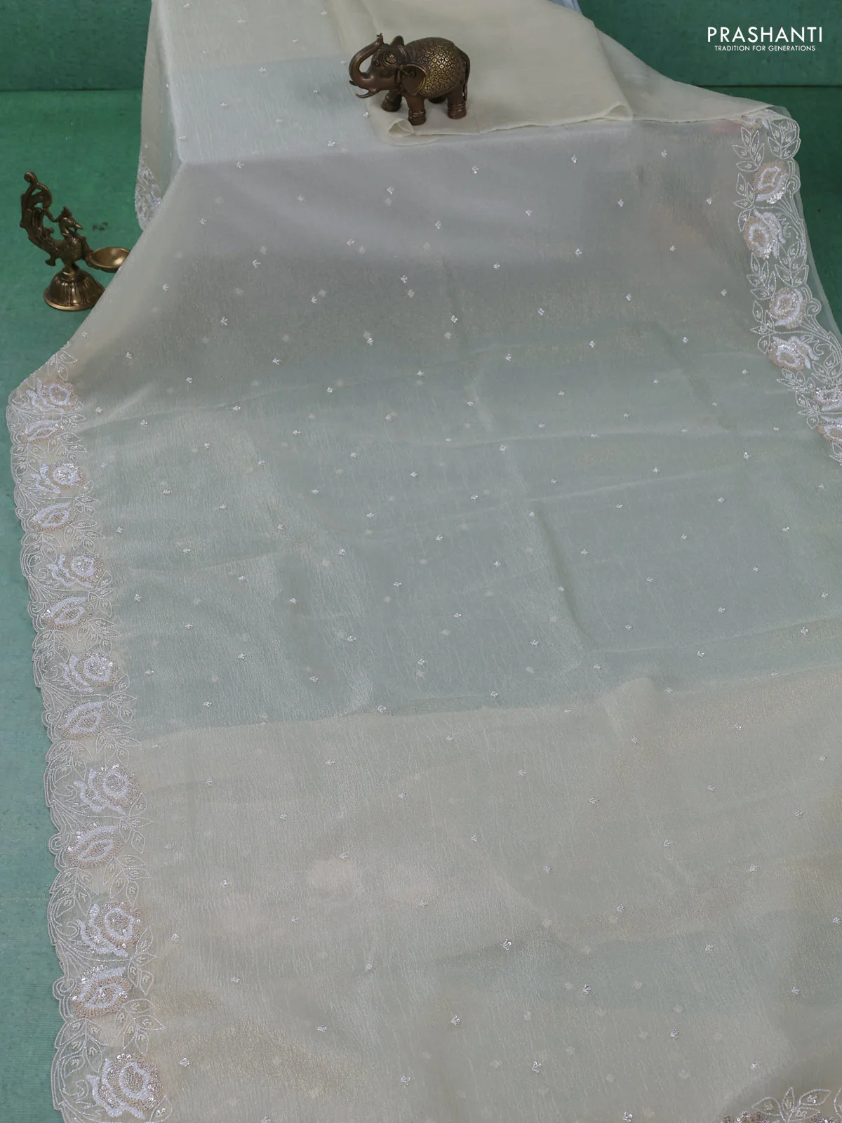 Crush tissue saree cream with beaded work and sequin & cut beaded work border - Image 2