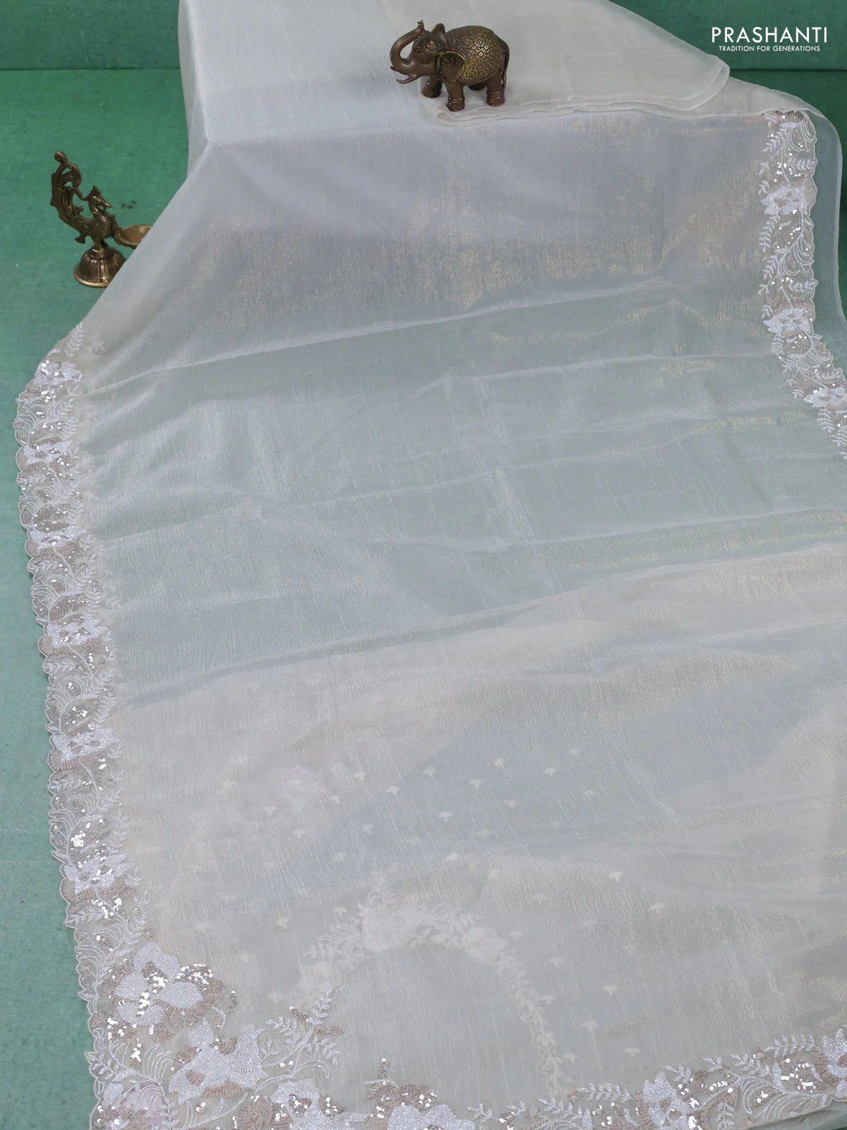 Crush tissue saree cream with sequin & cut beaded work - Image 2