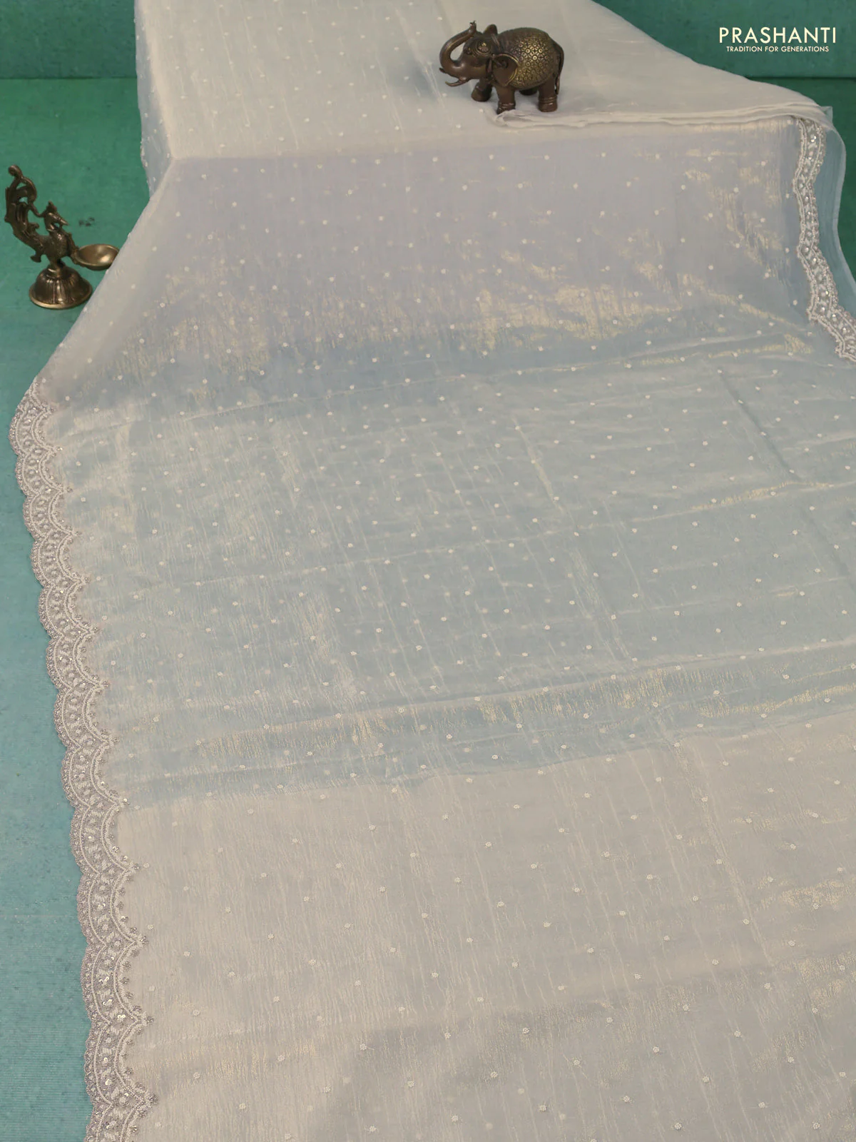 Crush tissue saree cream with sequin & cut beaded work - Image 2