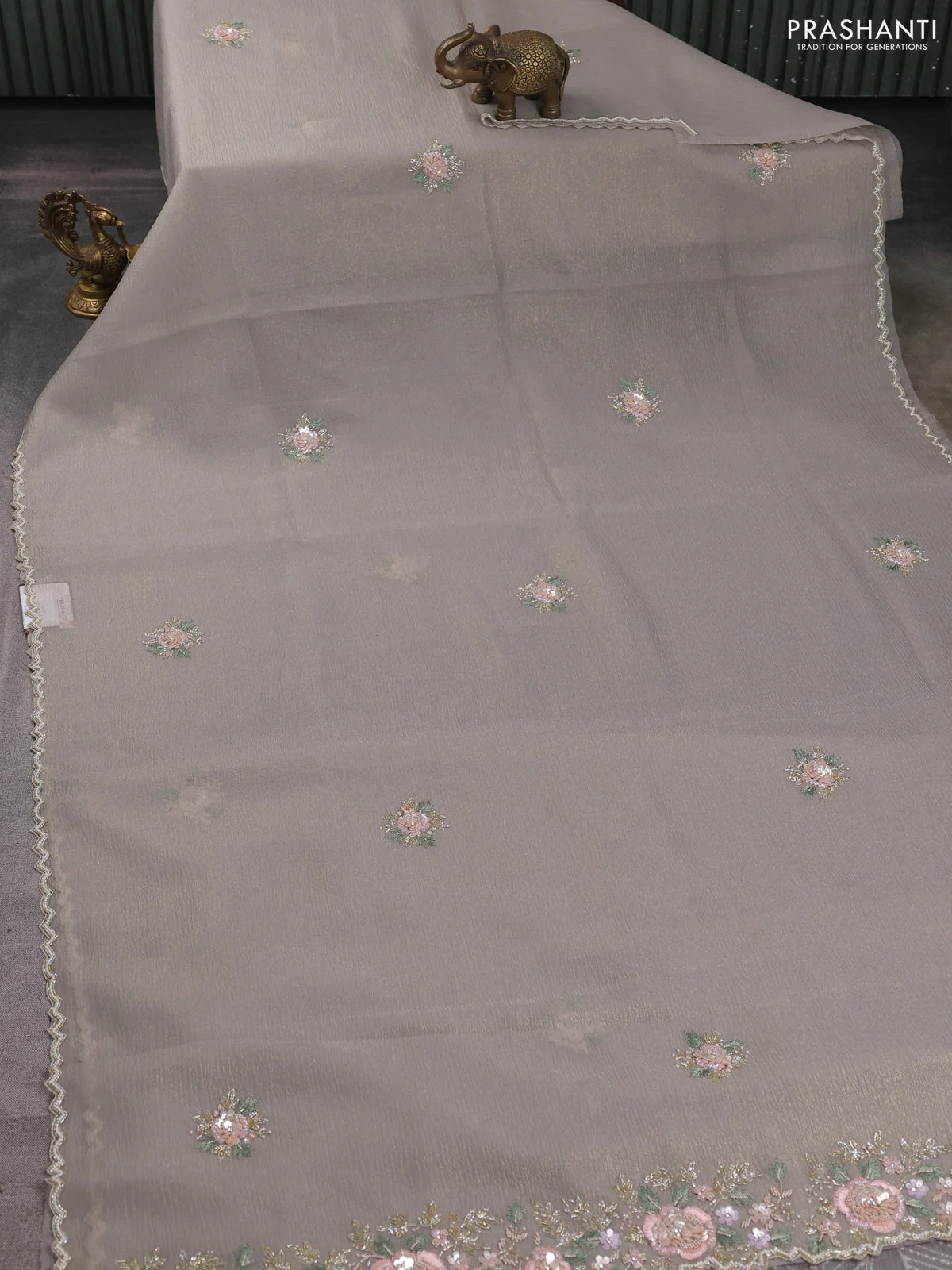 Crush tissue saree grey with allover floral embroidery sequin work - Image 2