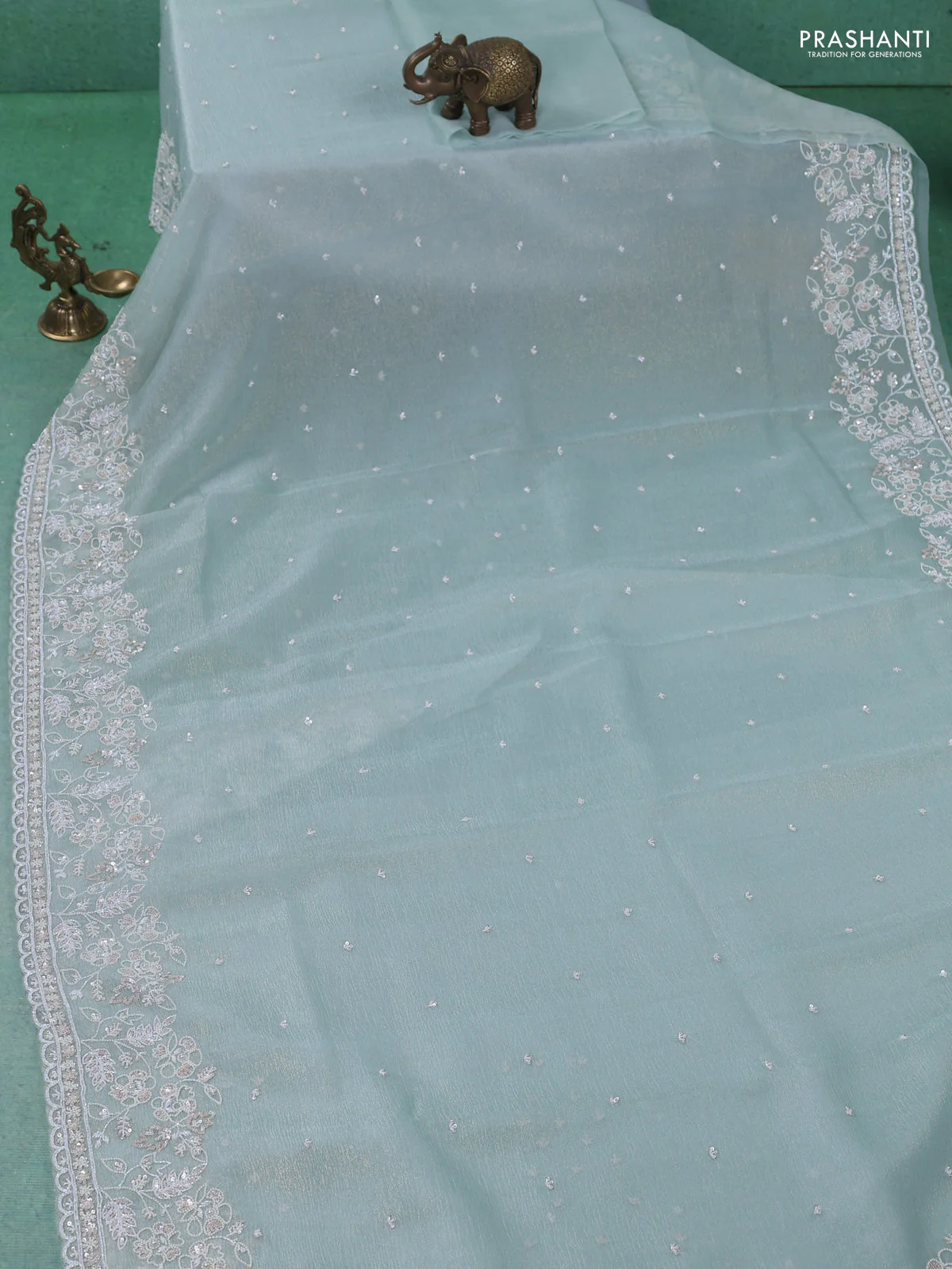 Crush tissue saree pastel green shade with sequin & cut beaded work - Image 2