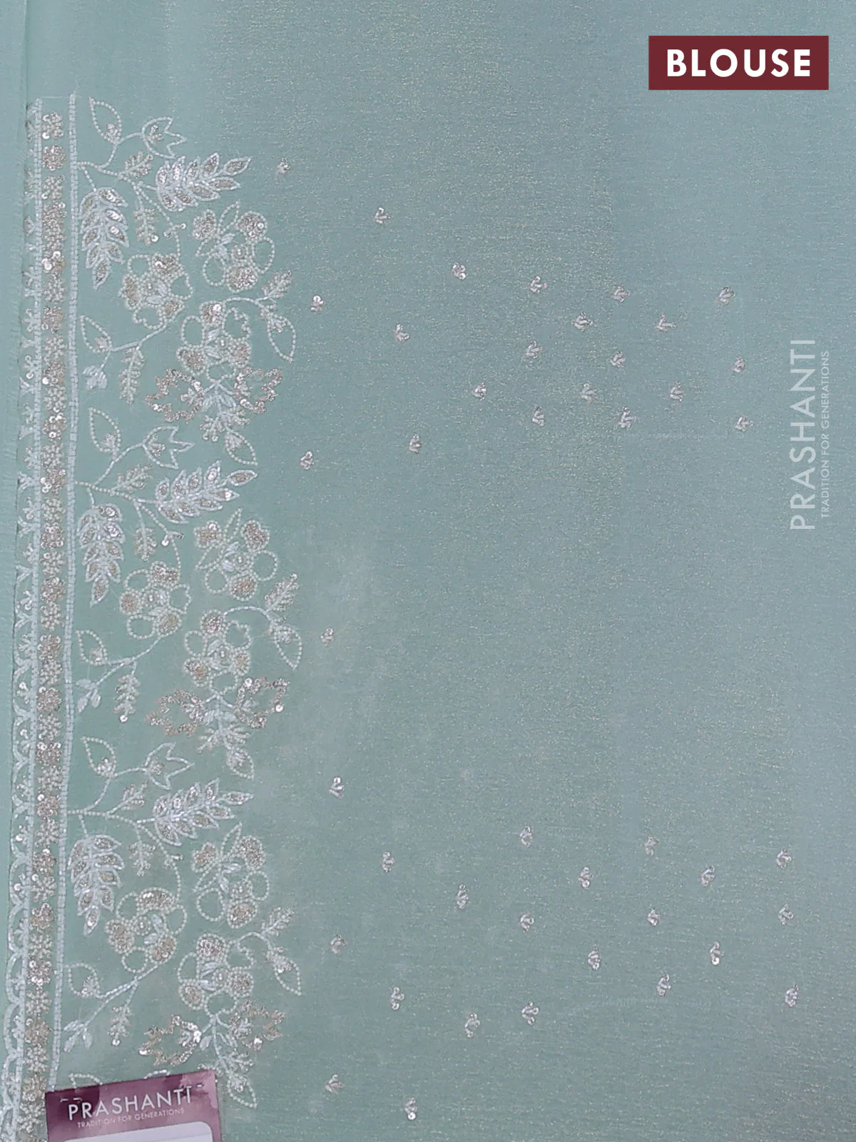 Crush tissue saree pastel green shade with sequin & cut beaded work - Image 3
