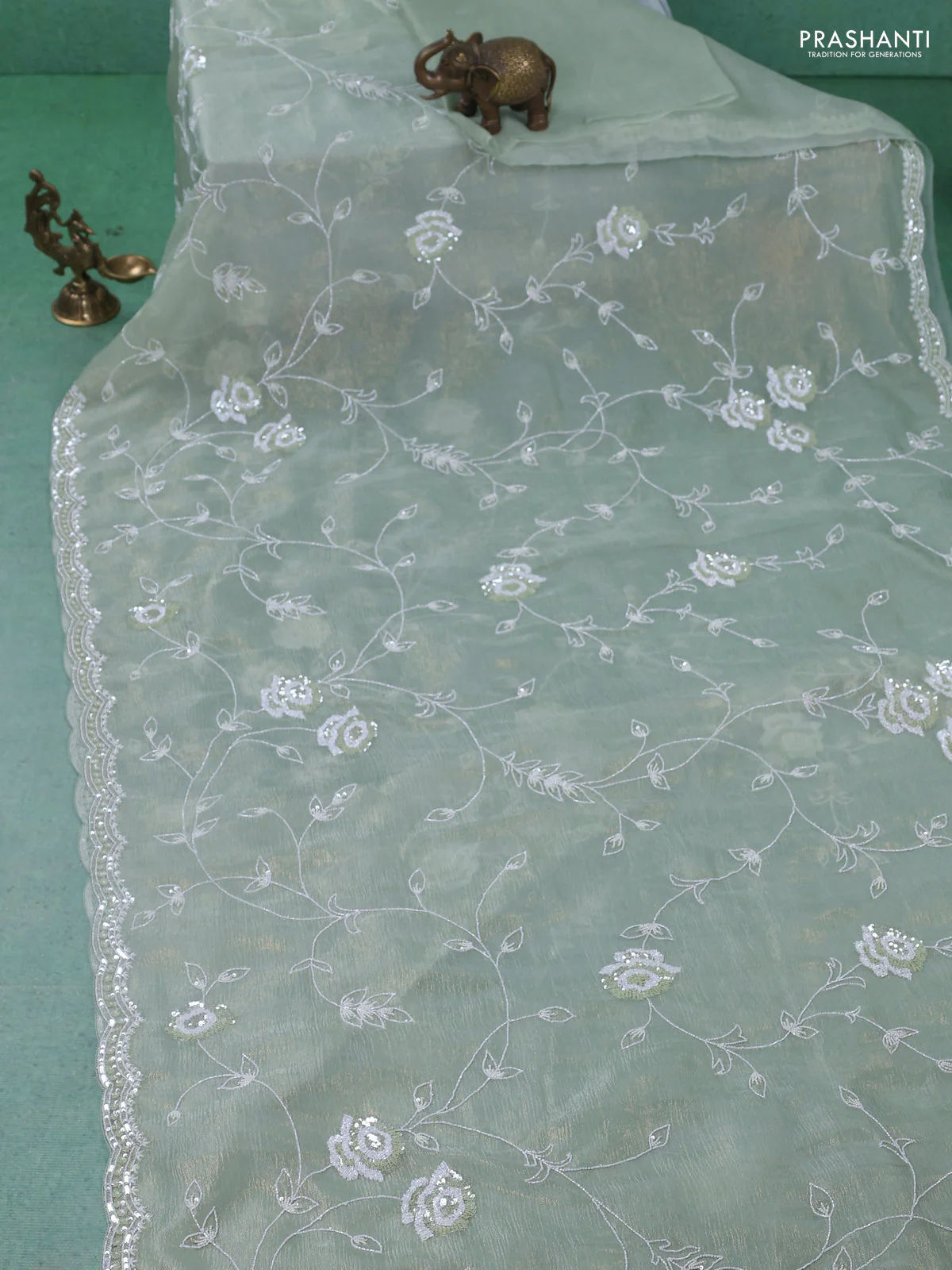 Crush tissue saree pastel green with allover sequin & cut beaded work - Image 2