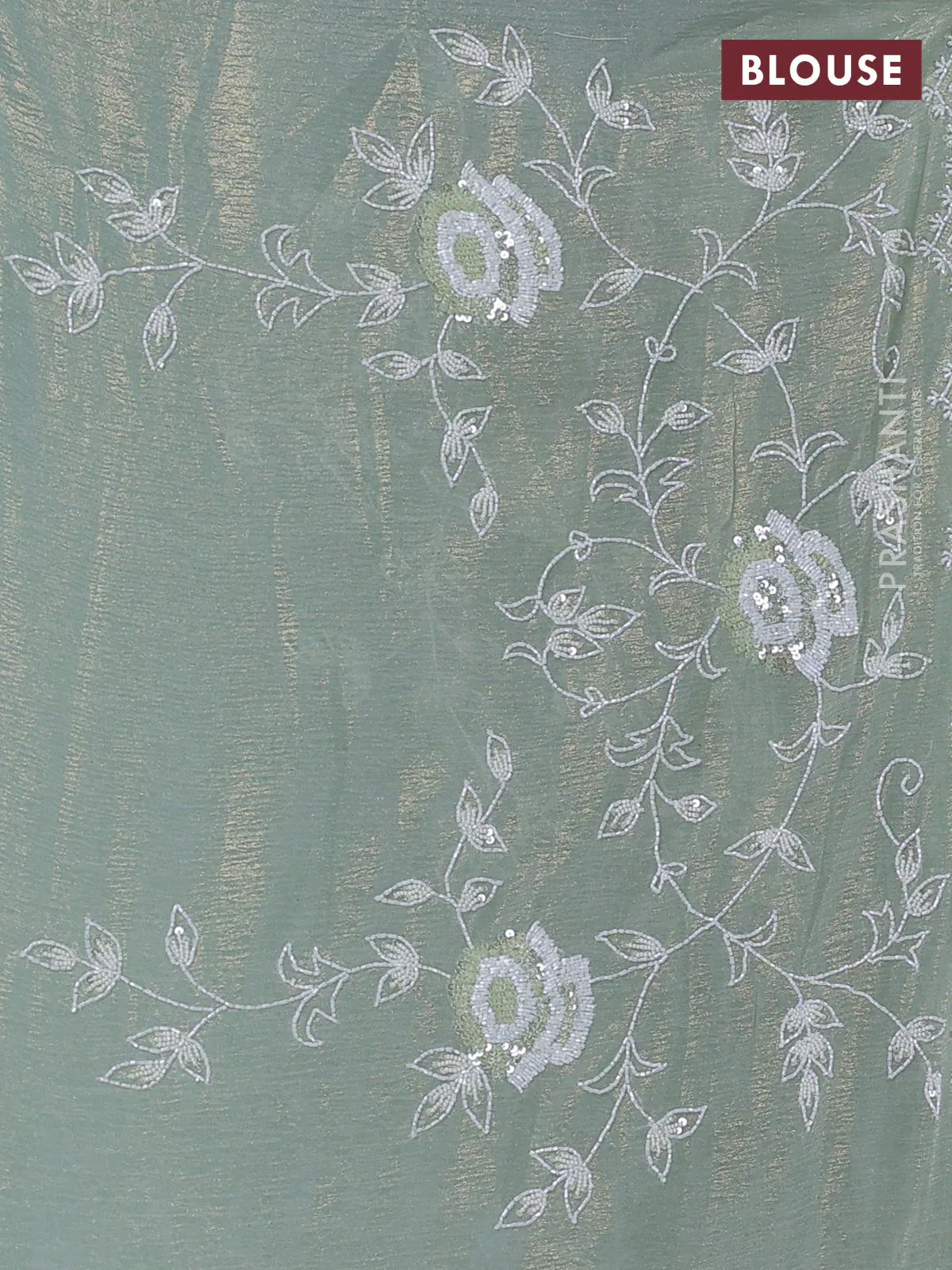 Crush tissue saree pastel green with allover sequin & cut beaded work - Image 3