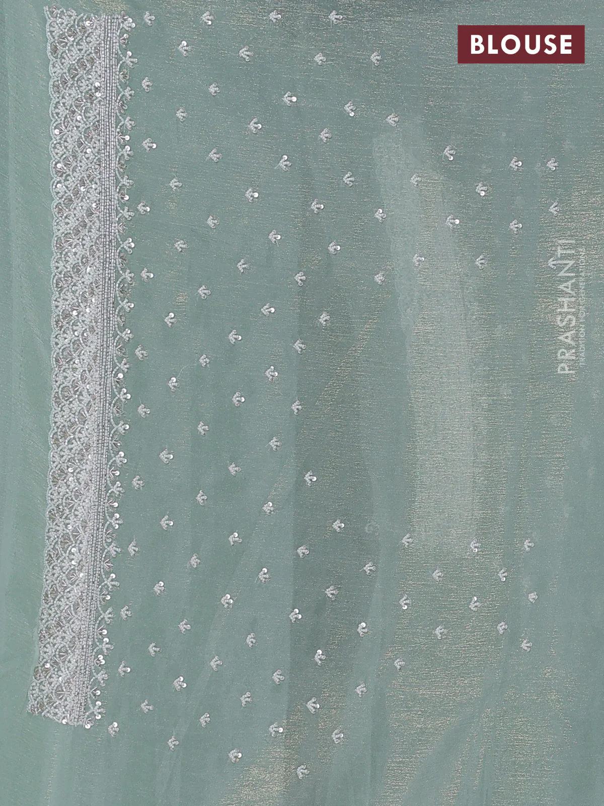 Crush tissue saree pastel green with beaded work and sequin & cut beaded work border - Image 3