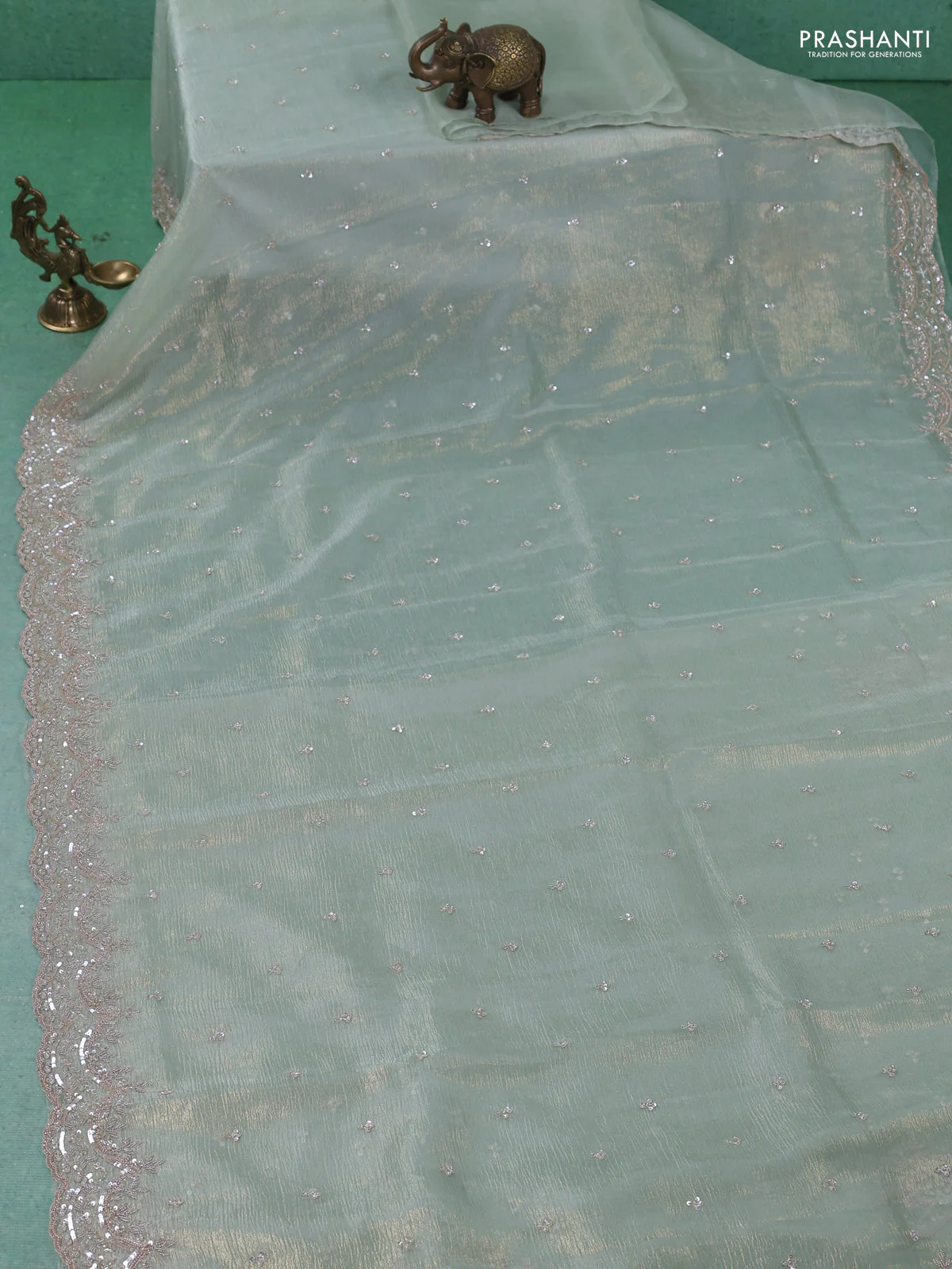 Crush tissue saree pastel green with sequin & cut beaded work - Image 2