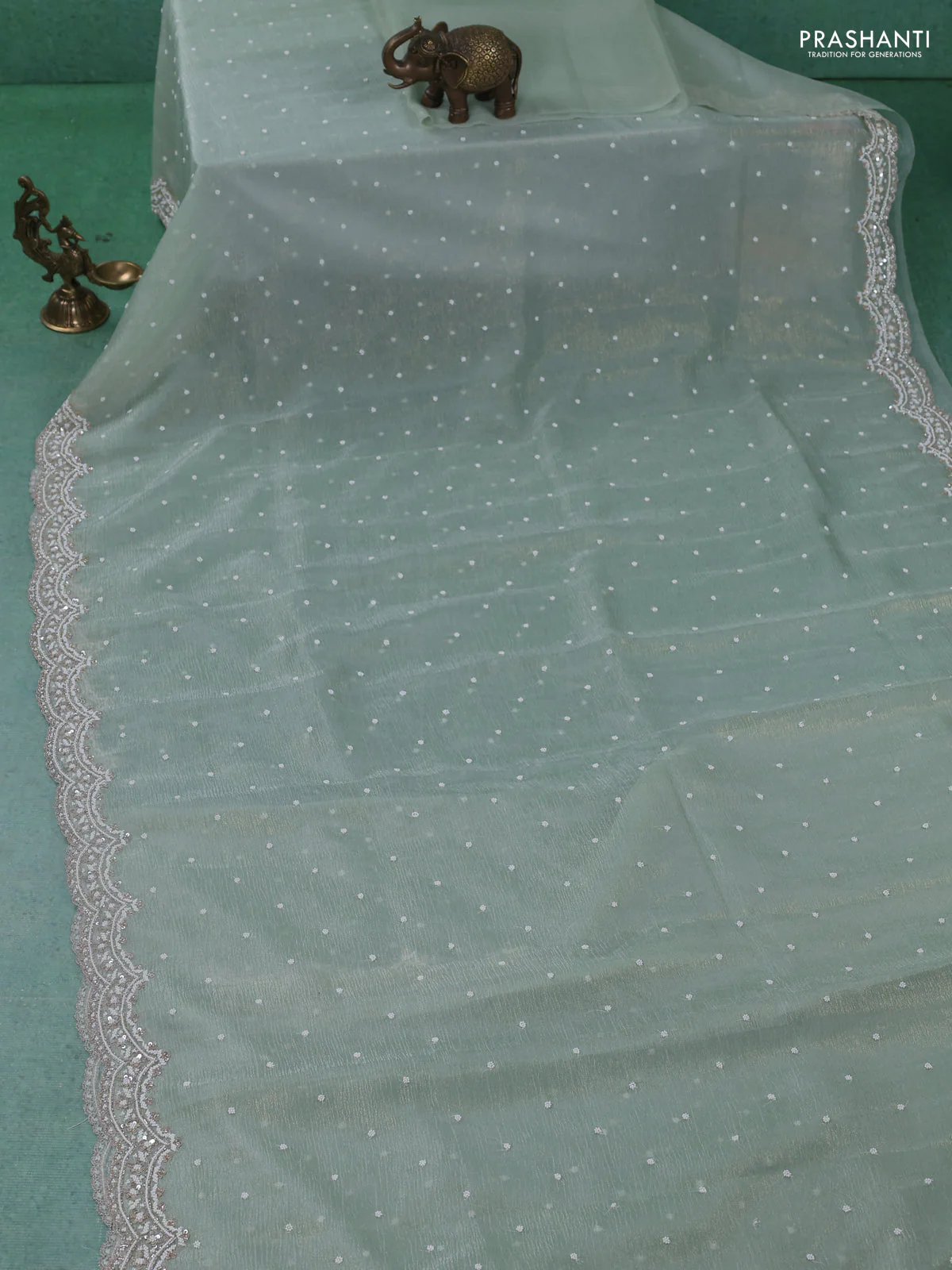 Crush tissue saree pastel green with sequin & cut beaded work - Image 2