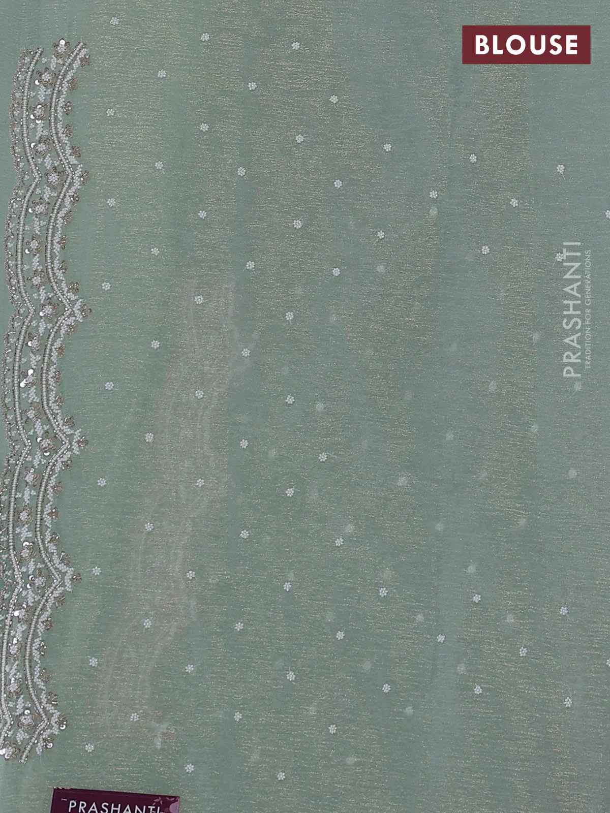 Crush tissue saree pastel green with sequin & cut beaded work - Image 3