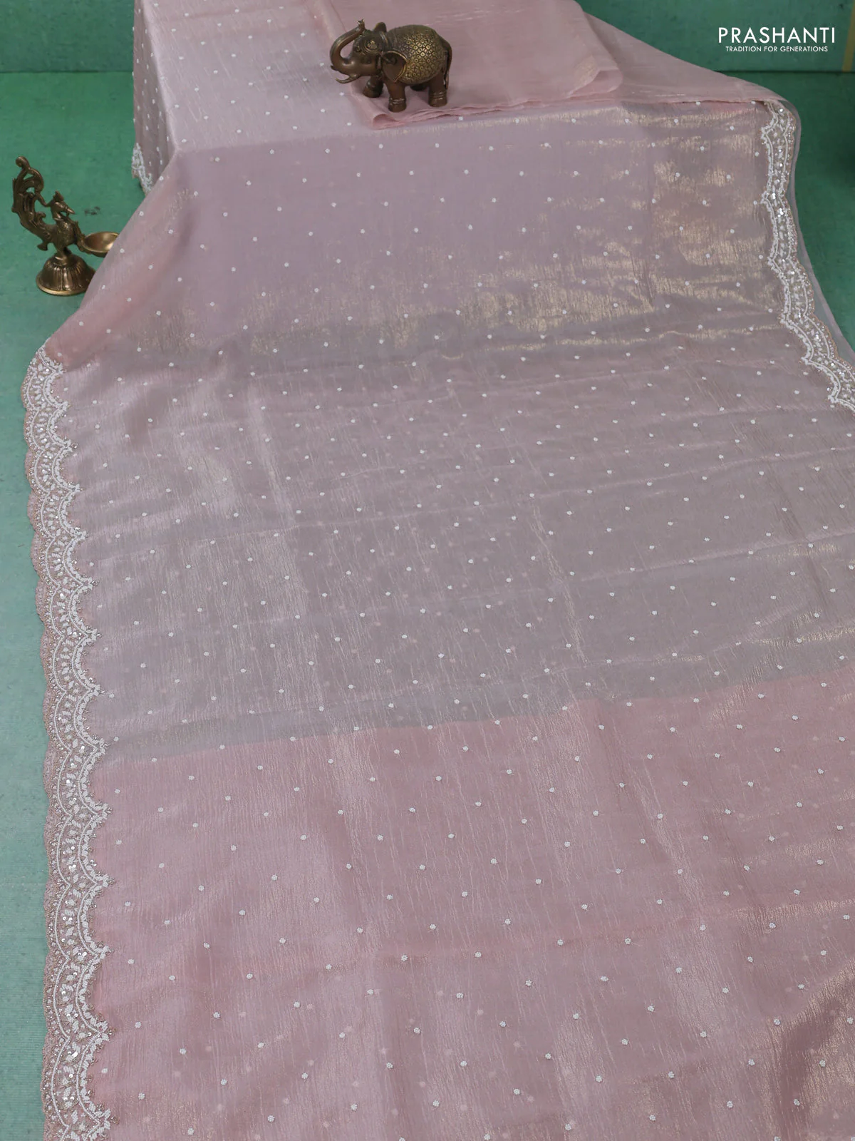 Crush tissue saree pastel peach with sequin & cut beaded work - Image 2