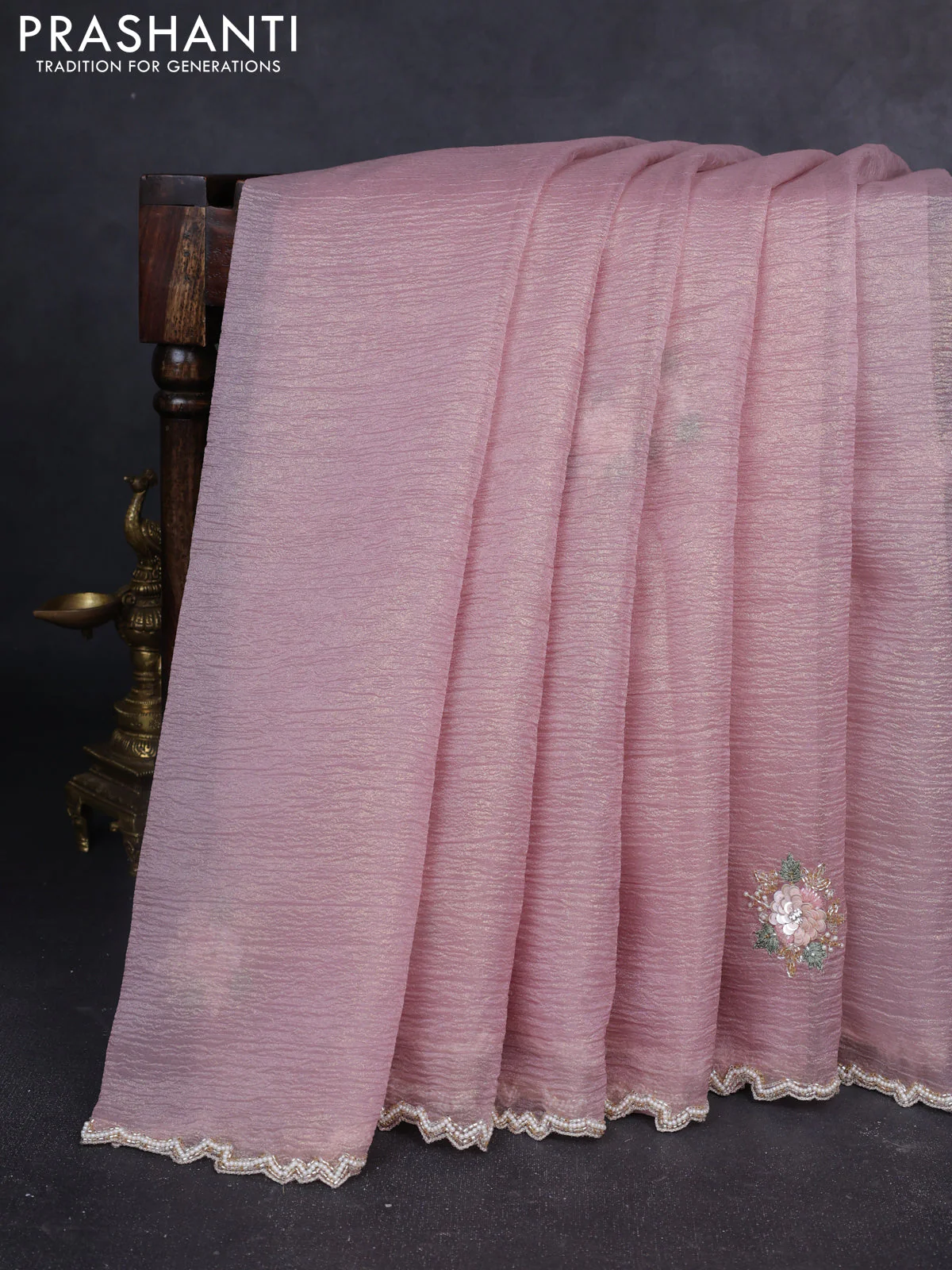 Crush tissue saree pastel pink with allover floral embroidery sequin work