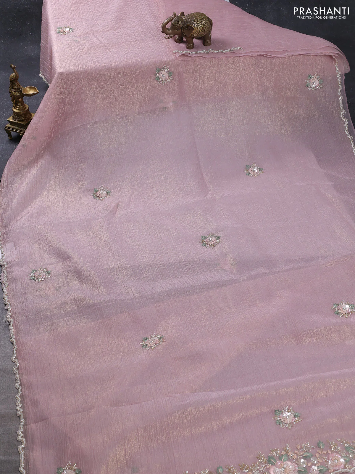 Crush tissue saree pastel pink with allover floral embroidery sequin work - Image 2