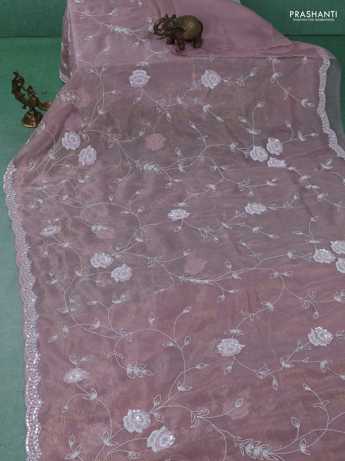 Crush tissue saree pastel pink with allover sequin & cut beaded work - Image 2