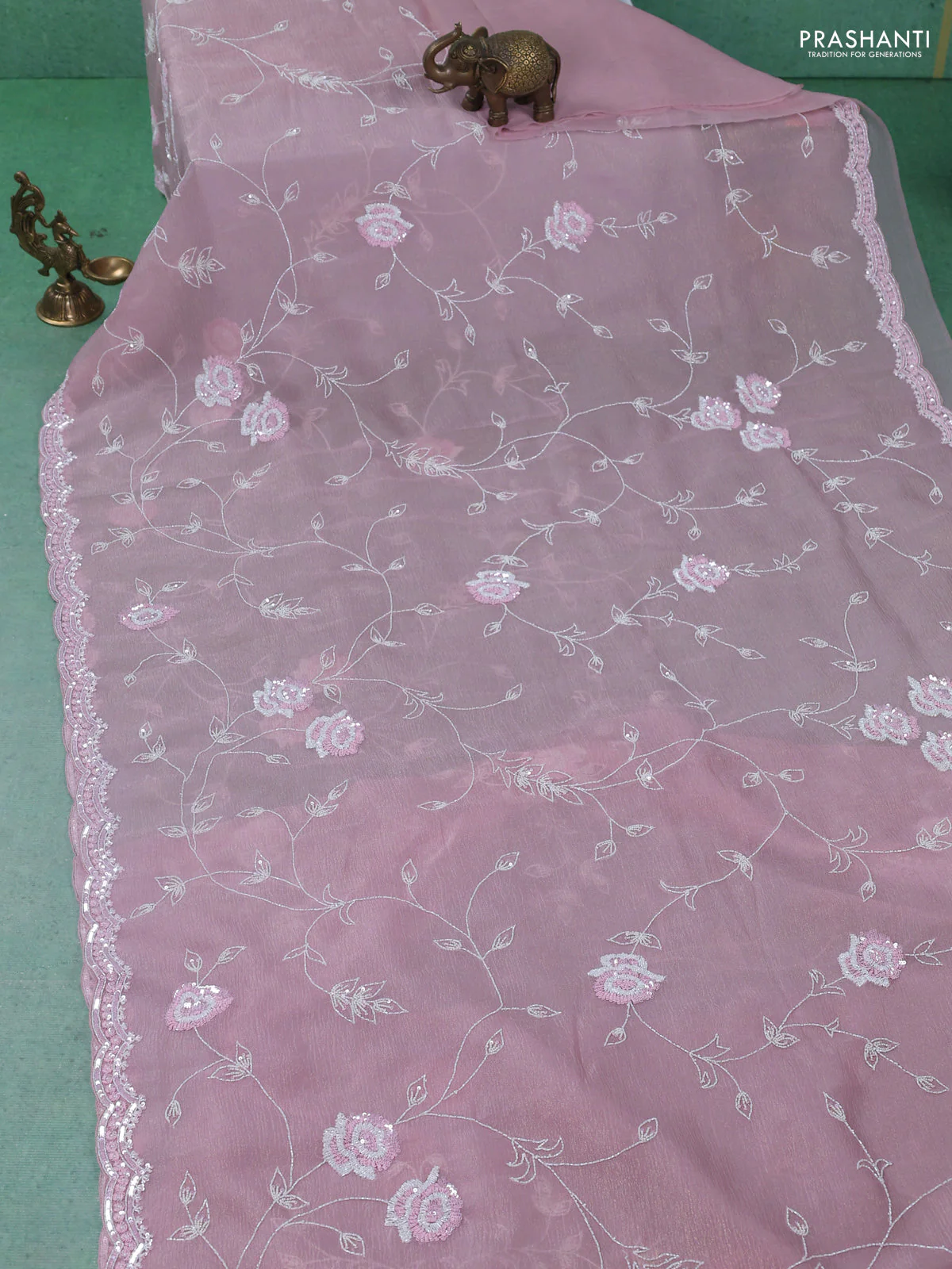 Crush tissue saree pastel pink with allover sequin & cut beaded work - Image 2