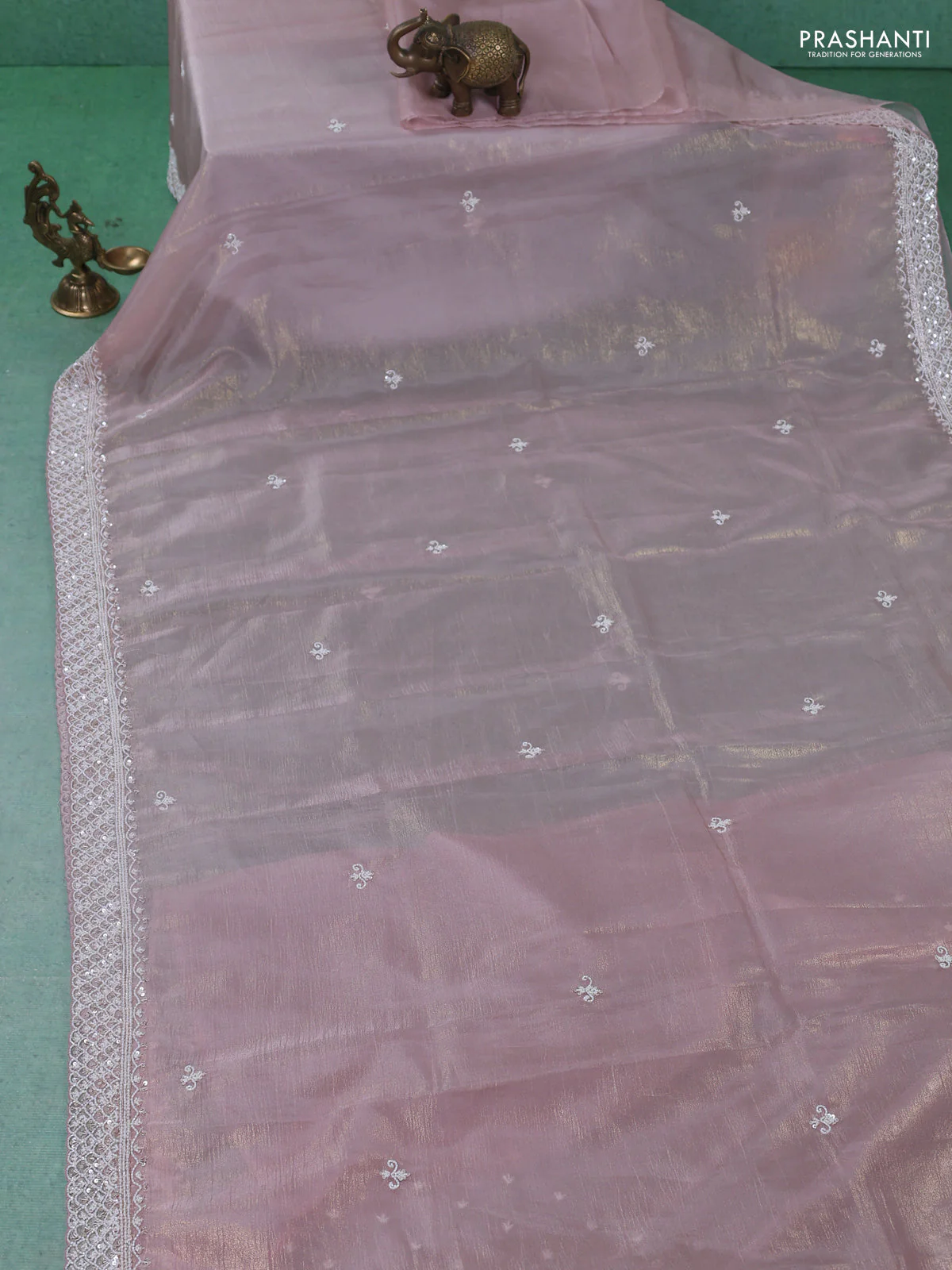Crush tissue saree pastel pink with beaded work and sequin & cut beaded work border - Image 2