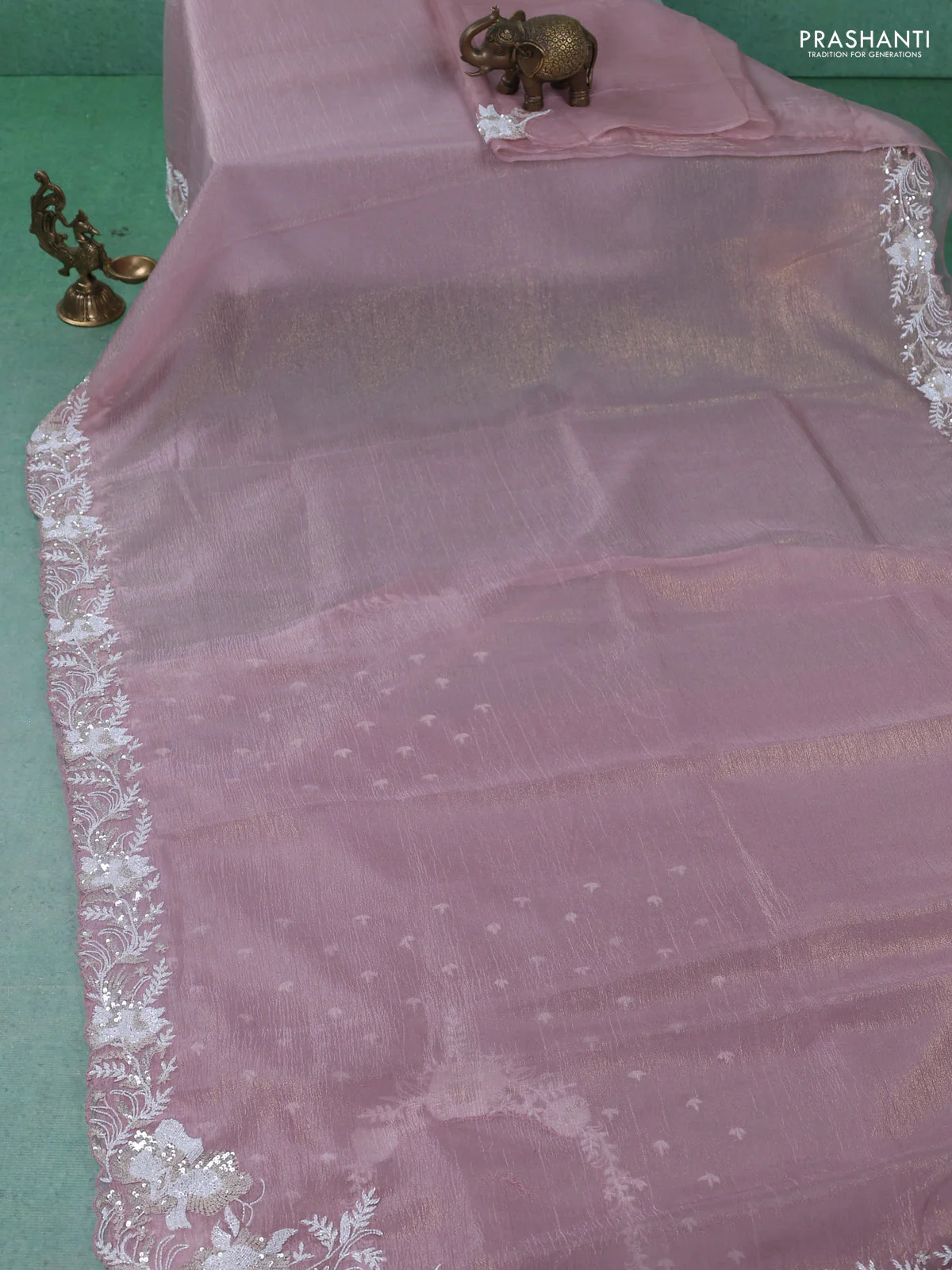 Crush tissue saree pastel pink with sequin & cut beaded work - Image 2