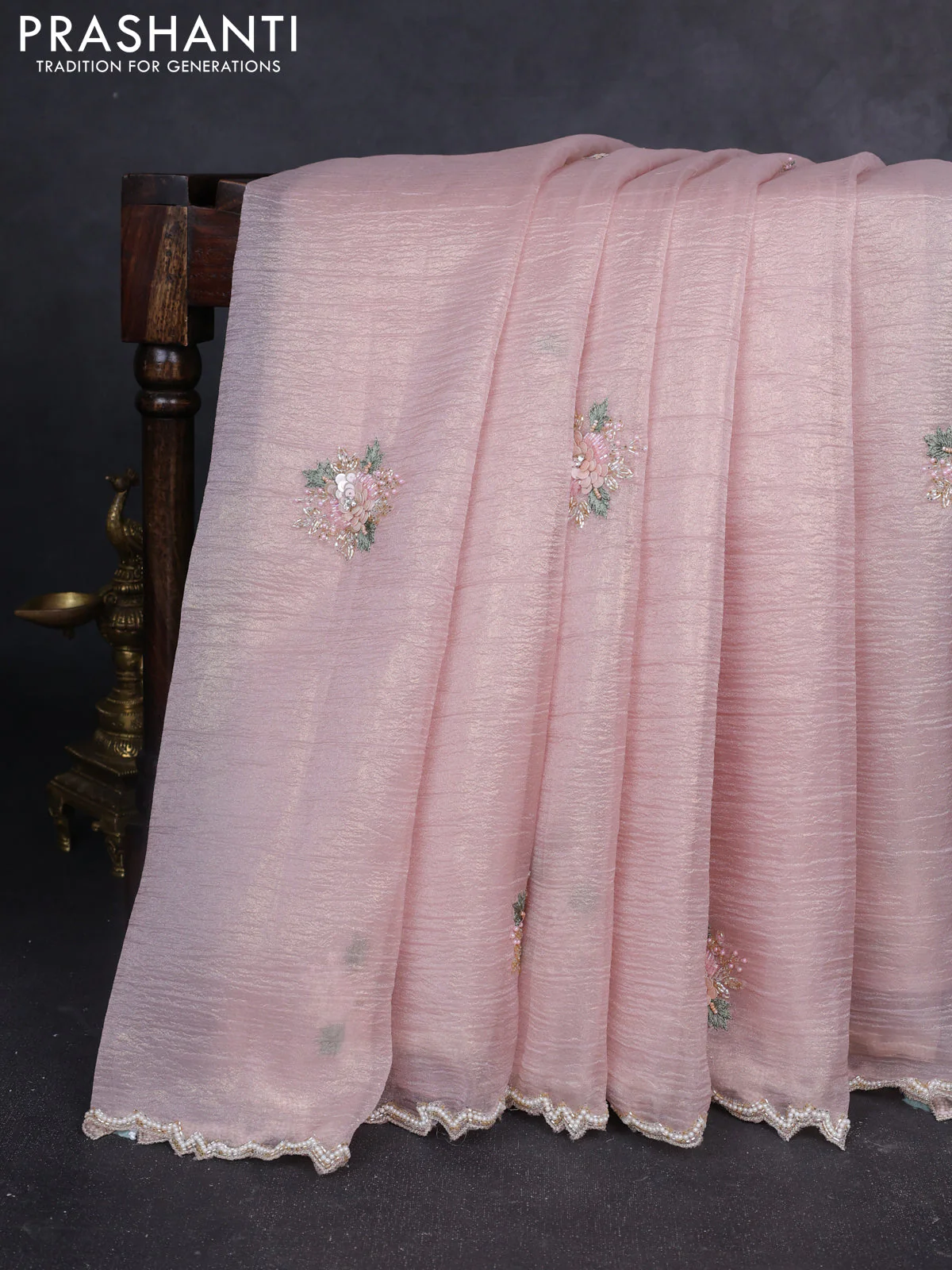 Crush tissue saree peach pink with allover floral embroidery sequin work
