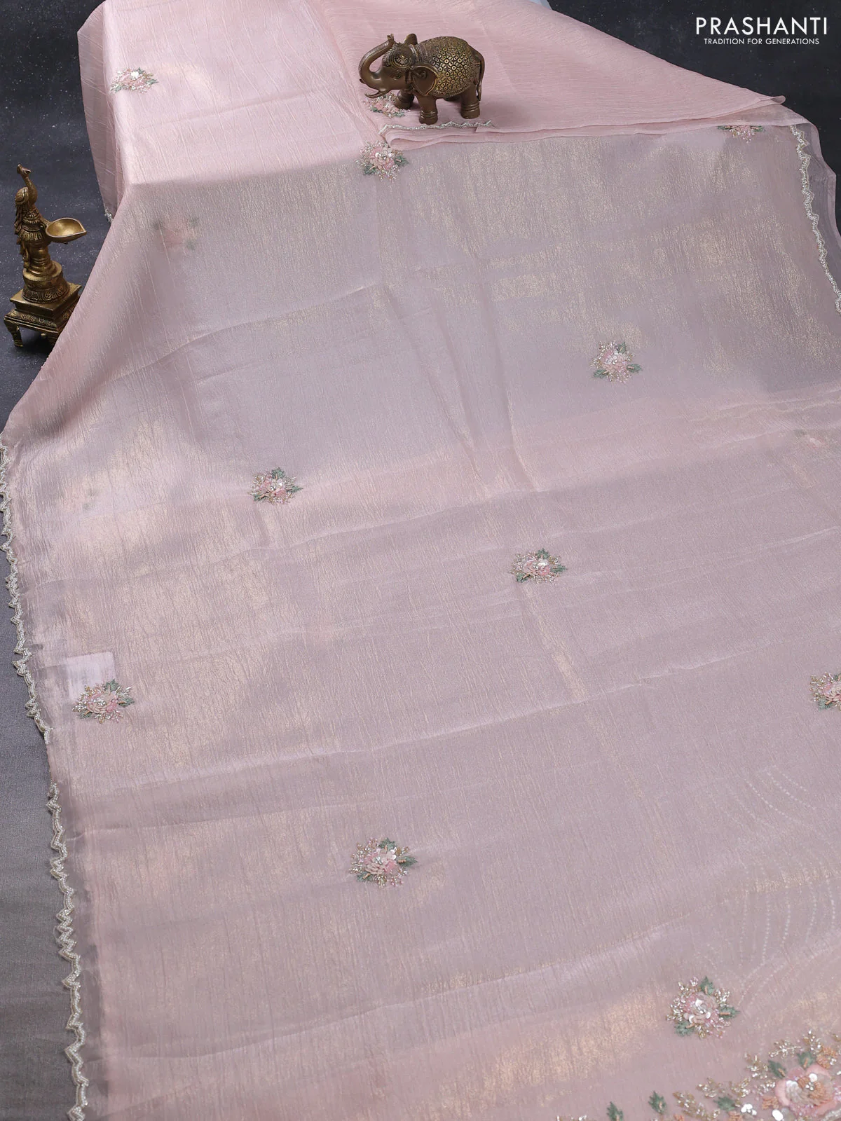 Crush tissue saree peach pink with allover floral embroidery sequin work - Image 2