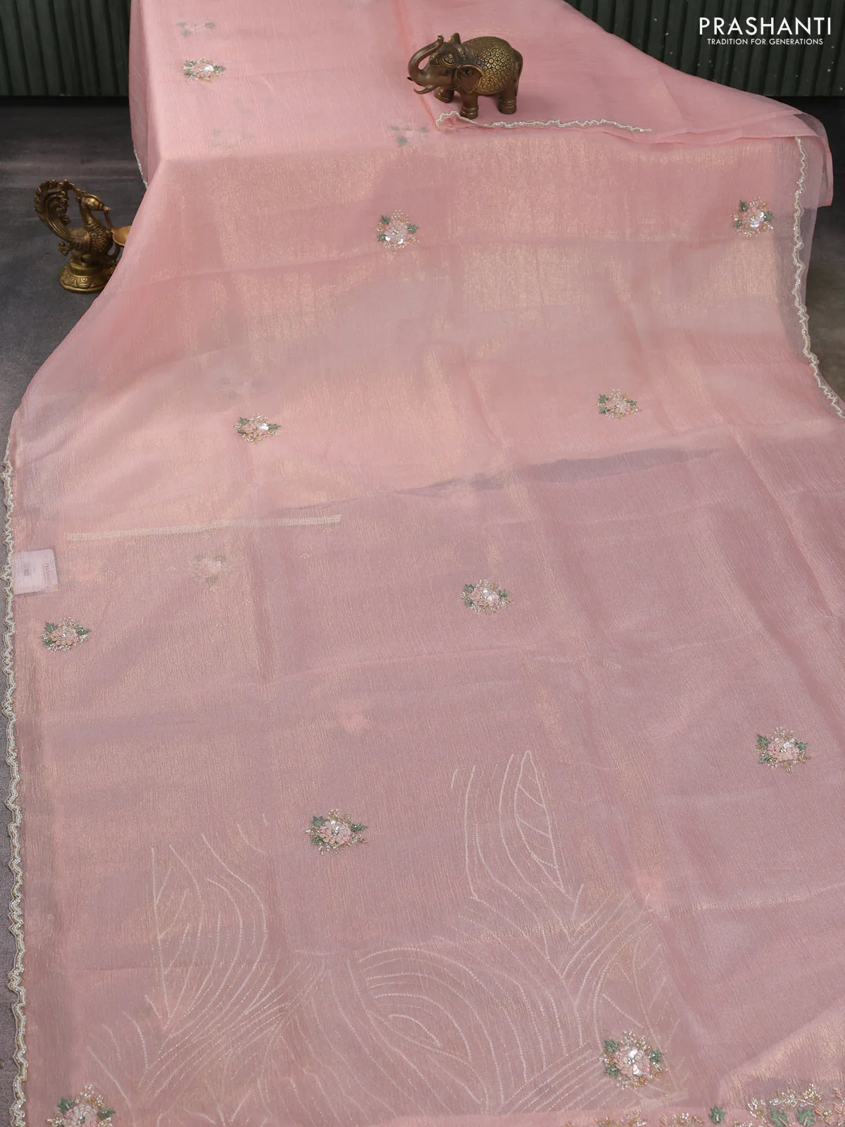 Crush tissue saree peach pink with allover floral embroidery sequin work - Image 2