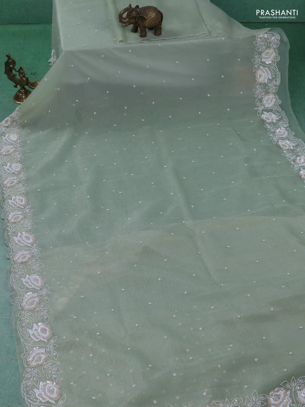Crush tissue saree pista green with beaded work and sequin & cut beaded work border - Image 2