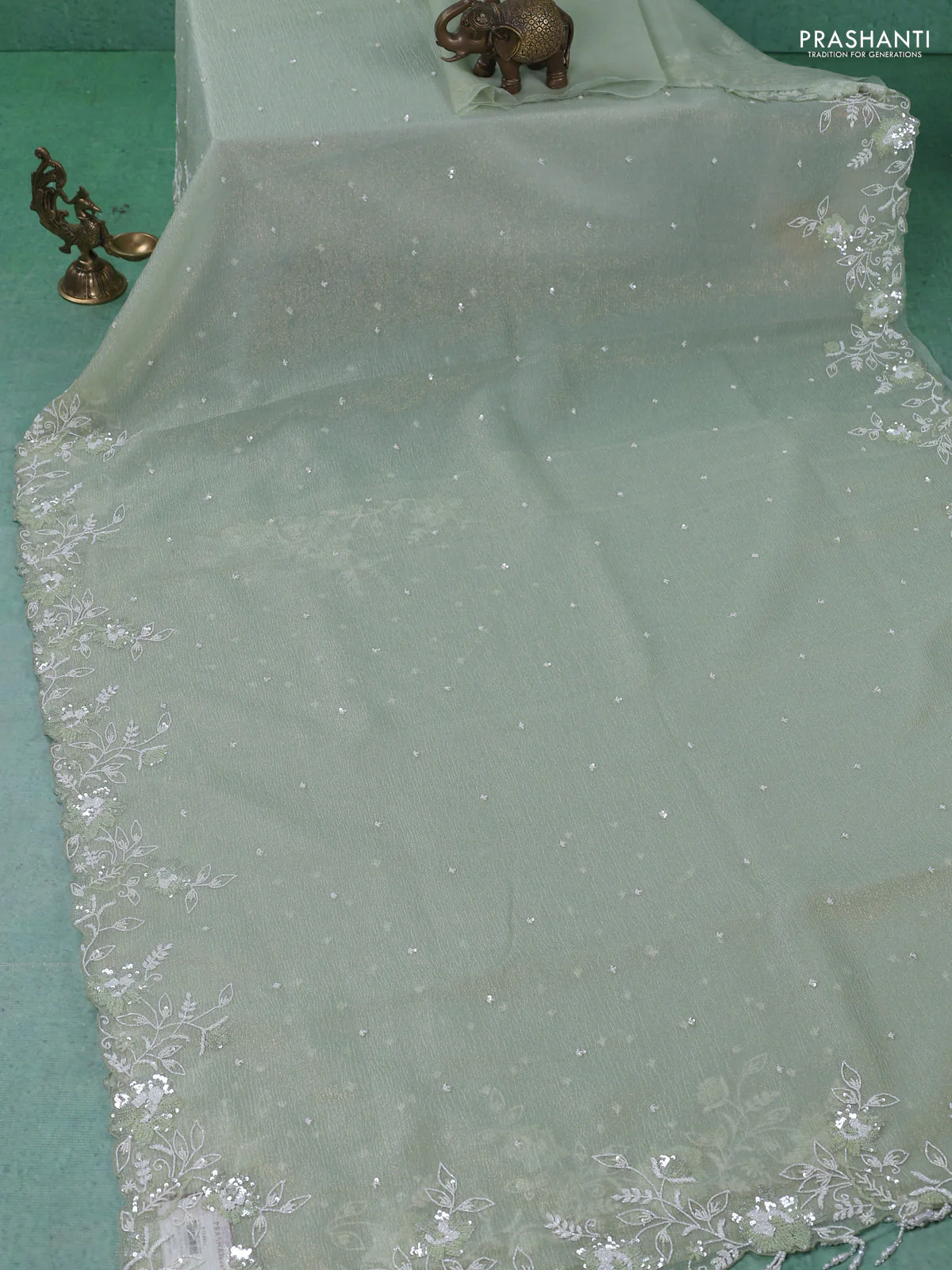 Crush tissue saree pista green with sequin & cut beaded work - Image 2