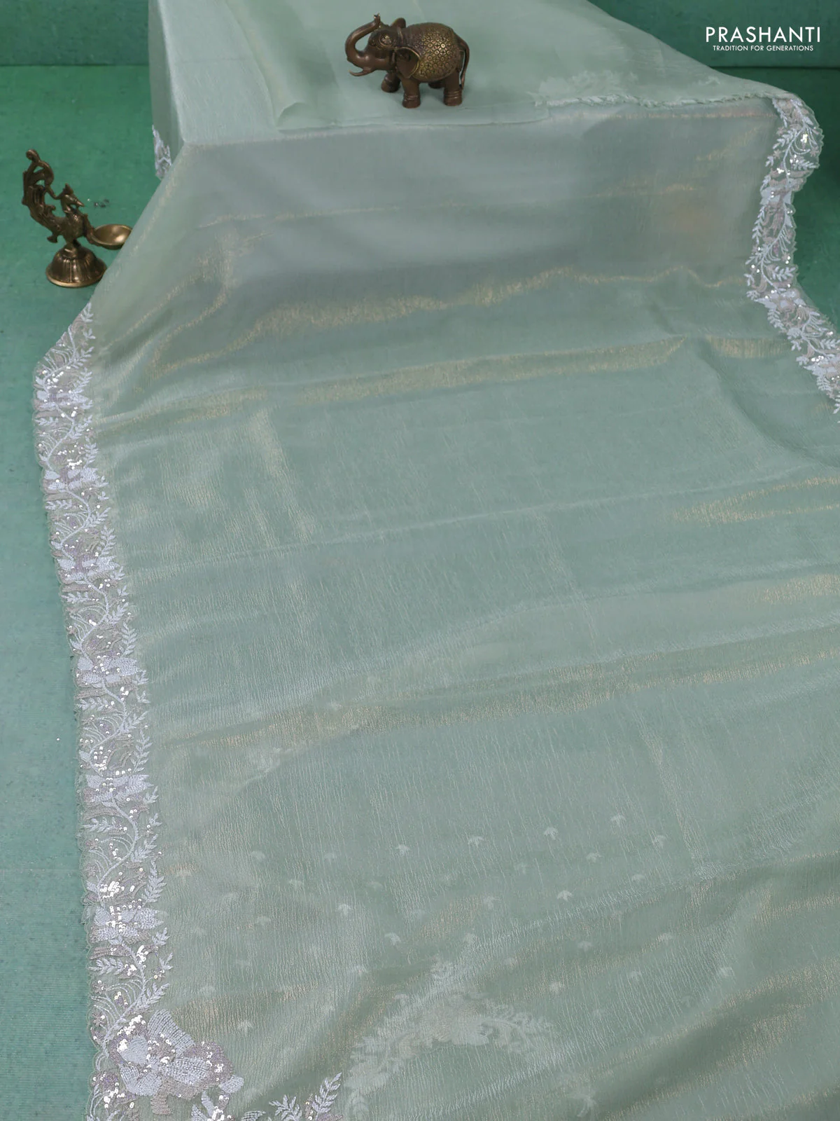 Crush tissue saree pista green with sequin & cut beaded work - Image 2