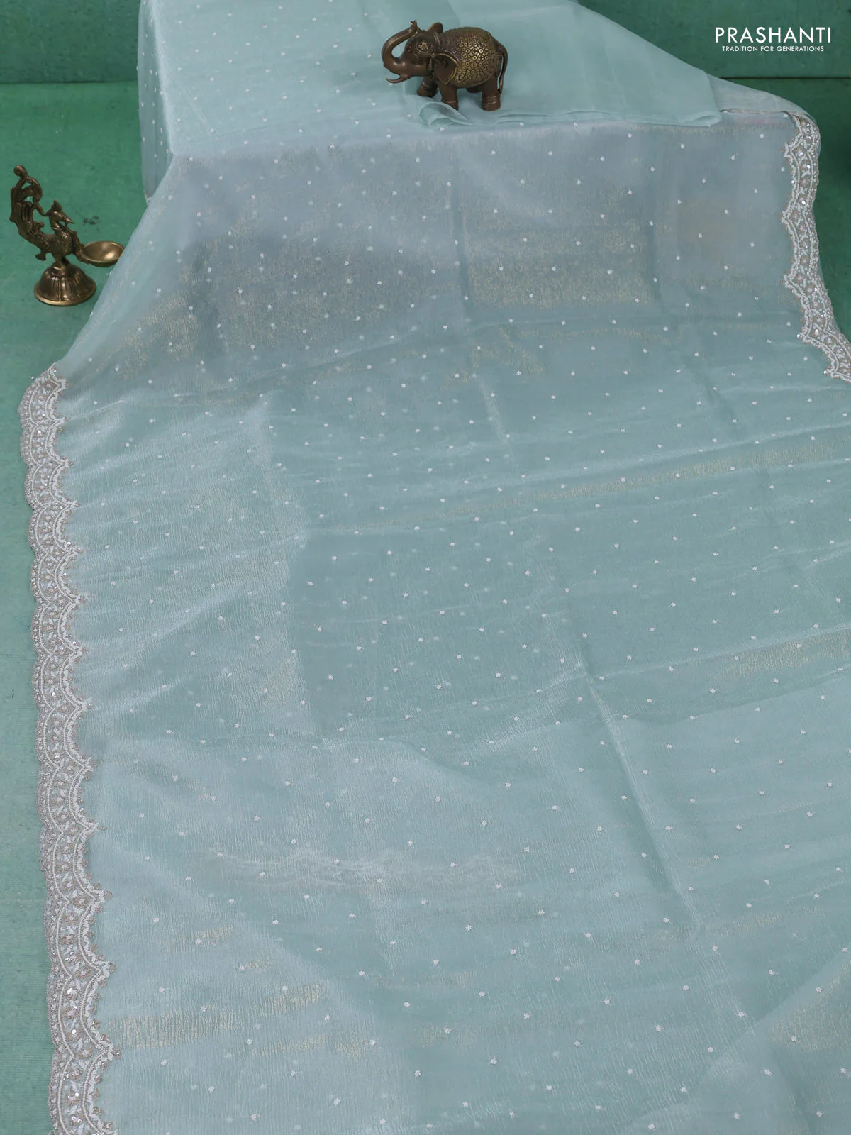 Crush tissue saree teal blue with sequin & cut beaded work - Image 2