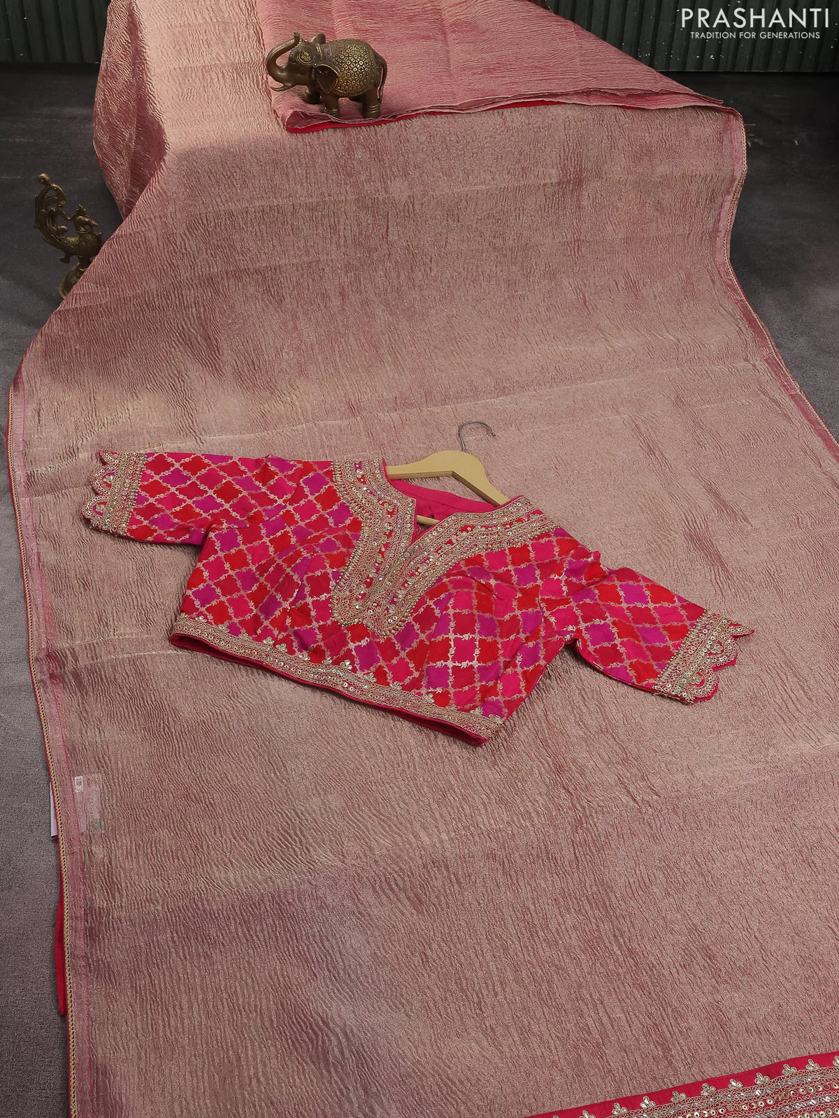 Crush tissue silk saree dual shade of golden pink and pink with plain body & gotapatti lace work pallu
