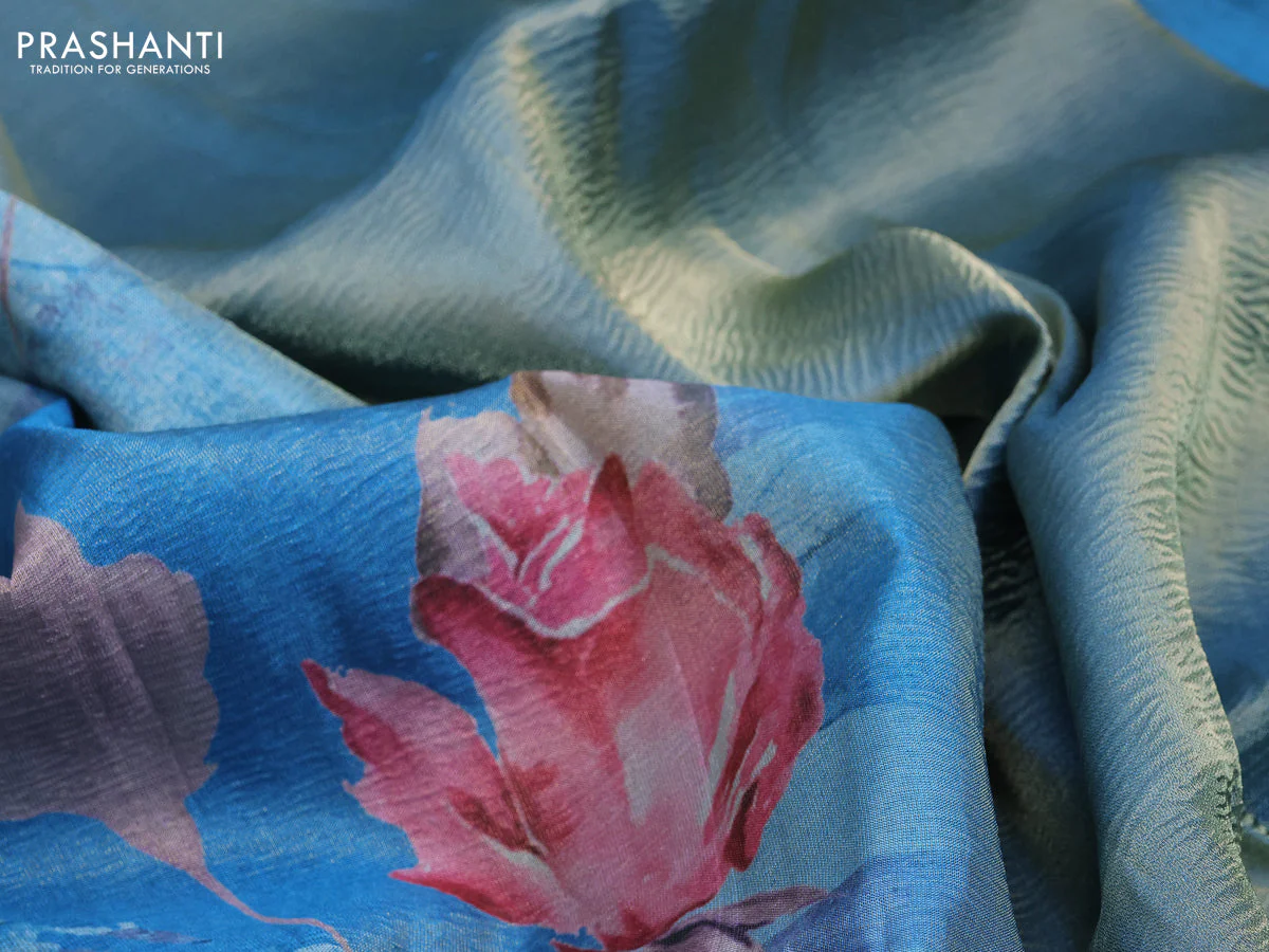 Crushed tissue saree light blue with allover floral digital prints and zari woven border - Image 3