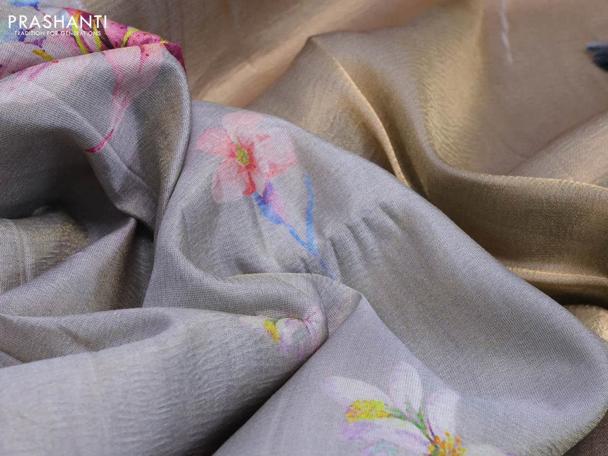 Crushed tissue saree pastel grey with allover floral digital prints and zari woven border - Image 3