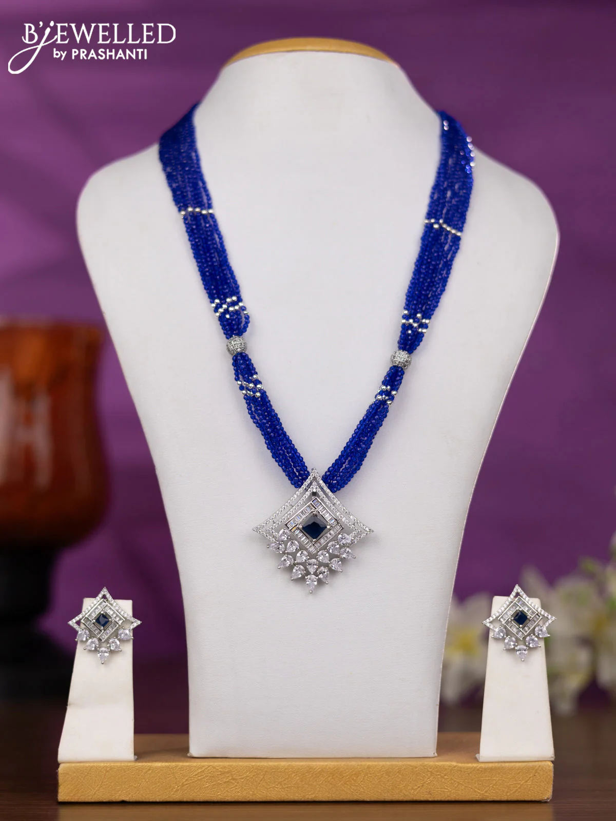 Crystal beaded blue nceklace with sapphire and cz stones