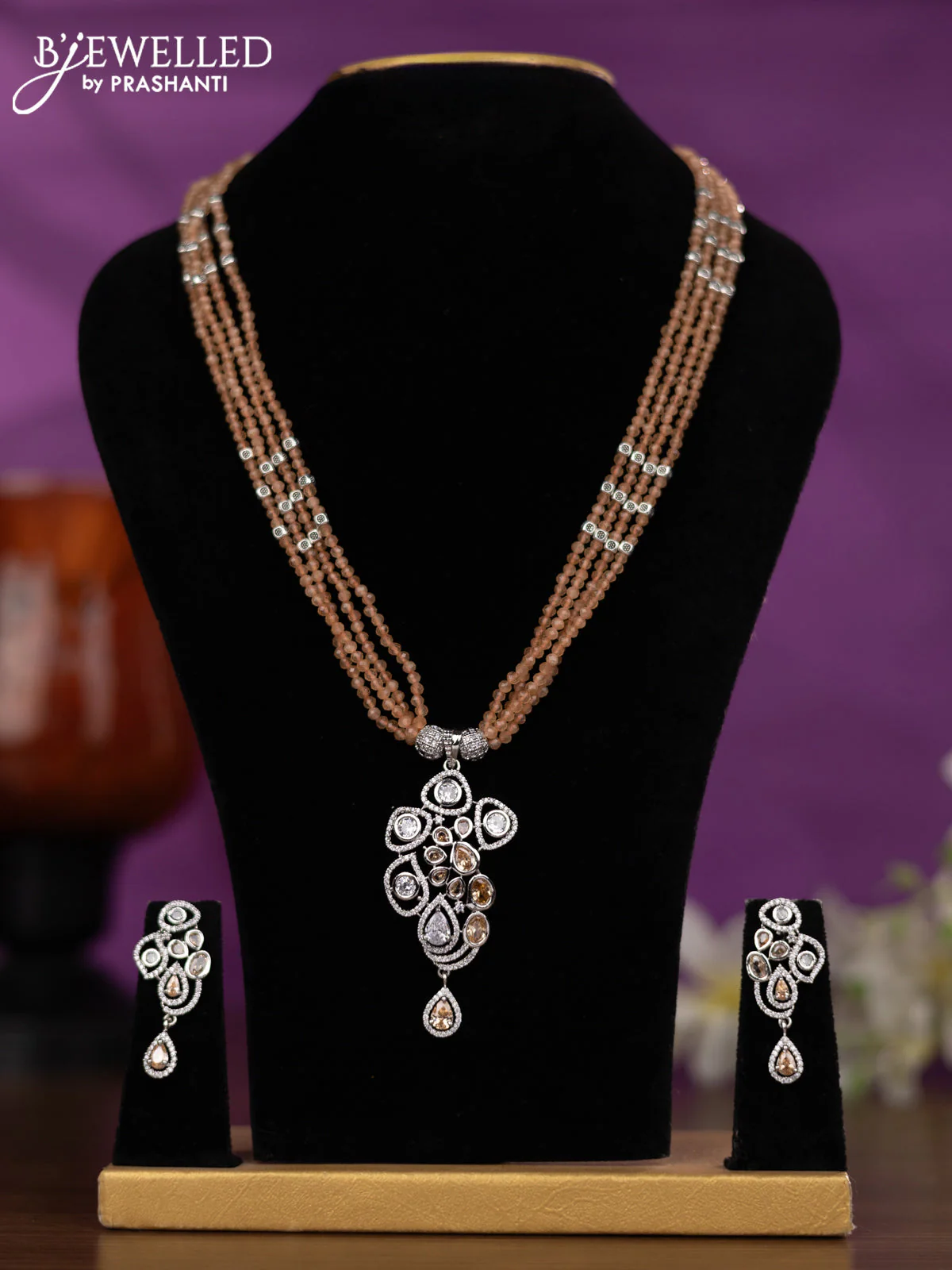 Crystal beaded peach nceklace with cz stones