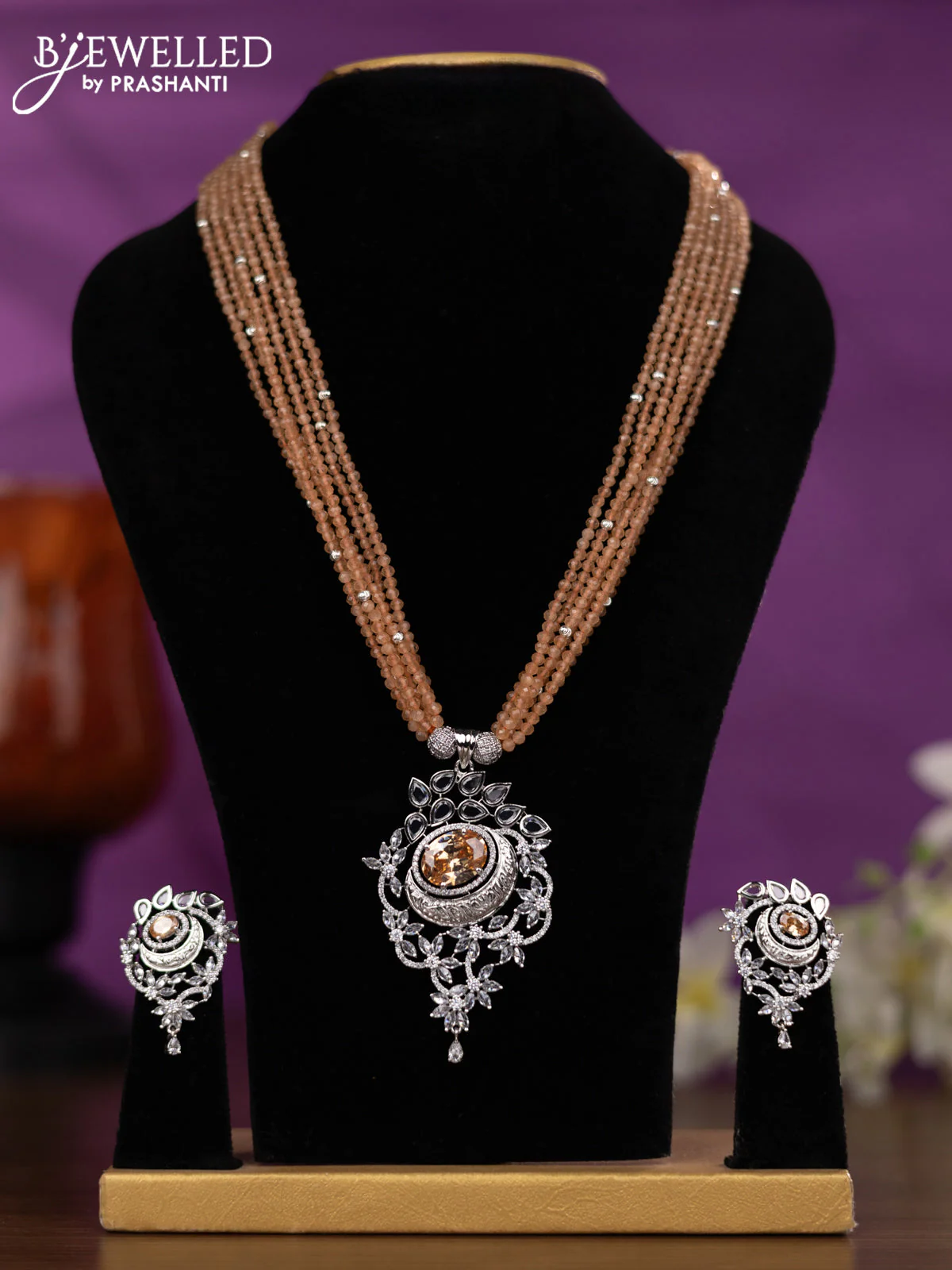 Crystal beaded peach nceklace with peach and cz stones