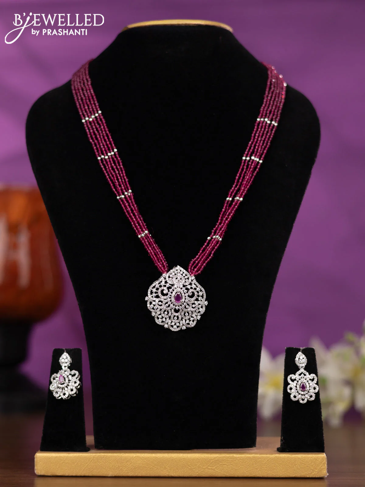 Crystal beaded pink nceklace with ruby and cz stones