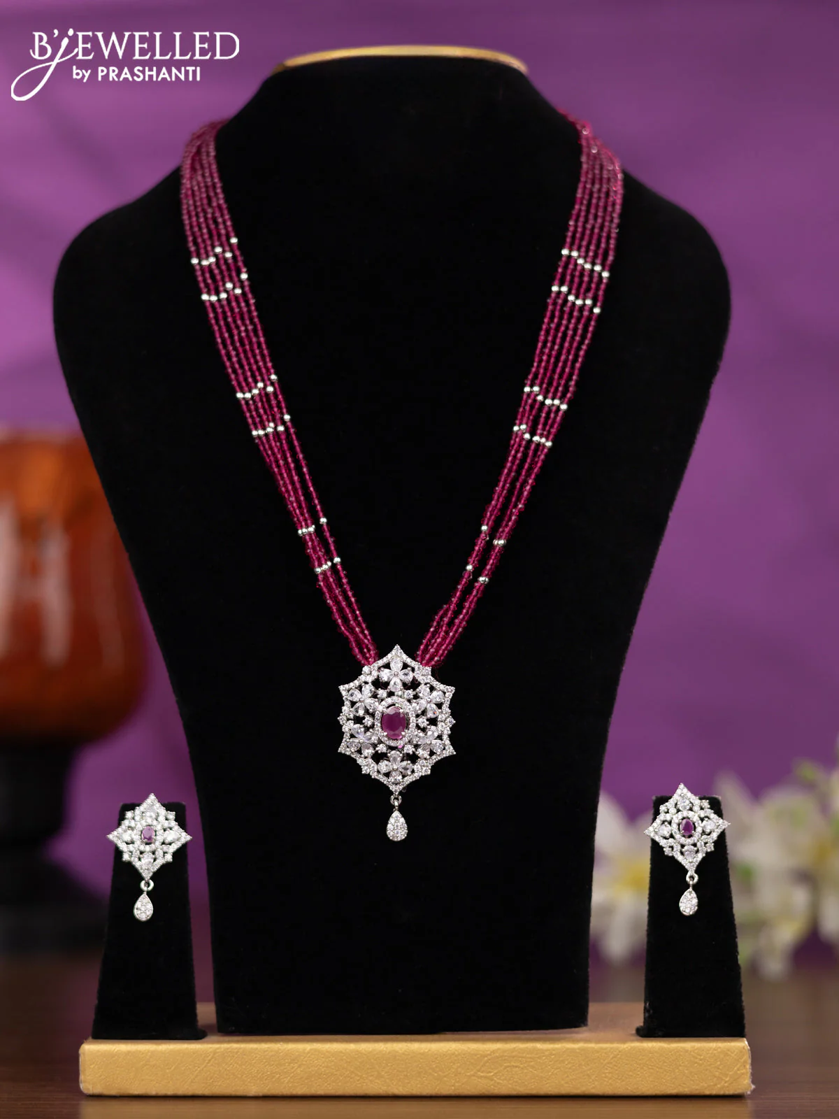 Crystal beaded pink nceklace with ruby and cz stones