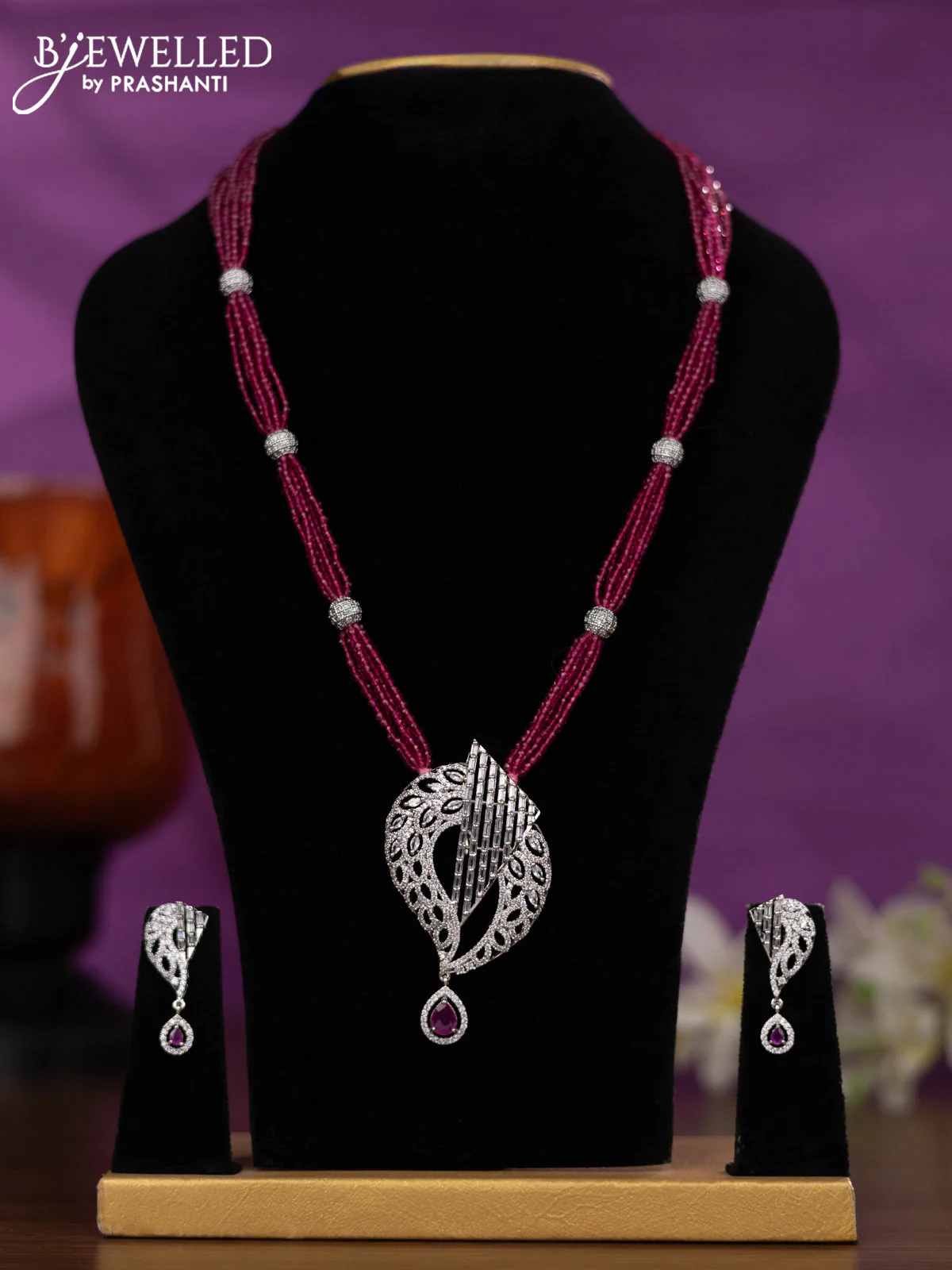 Crystal beaded pink nceklace with ruby and cz stones