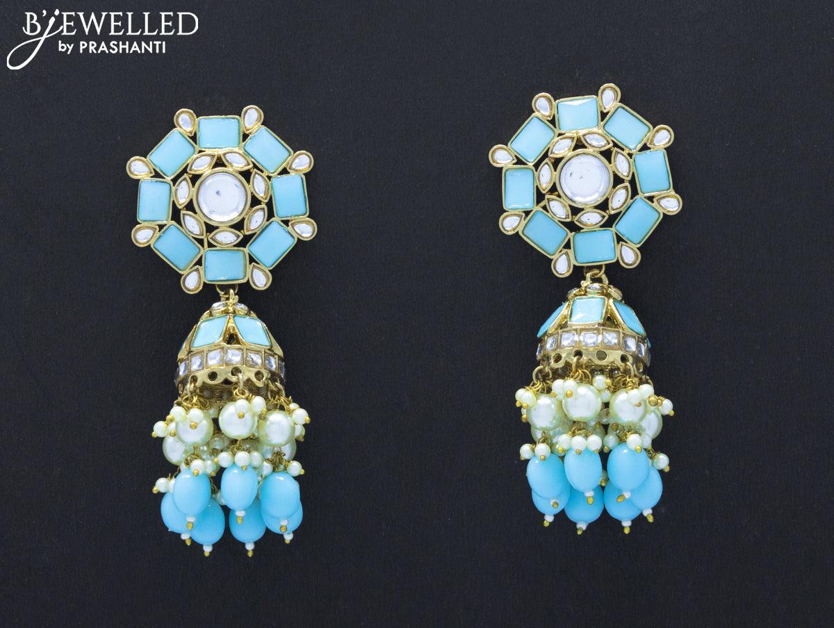Dangler jhumkas with light blue stone and hangings - Image 2