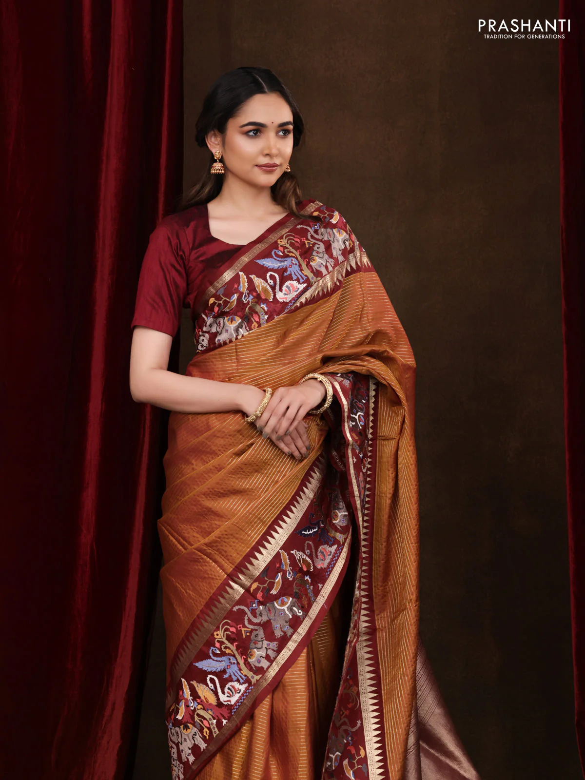 Dark mustard -Maroon Pure kanchipuram silk saree with Border Embroidery - Image 2
