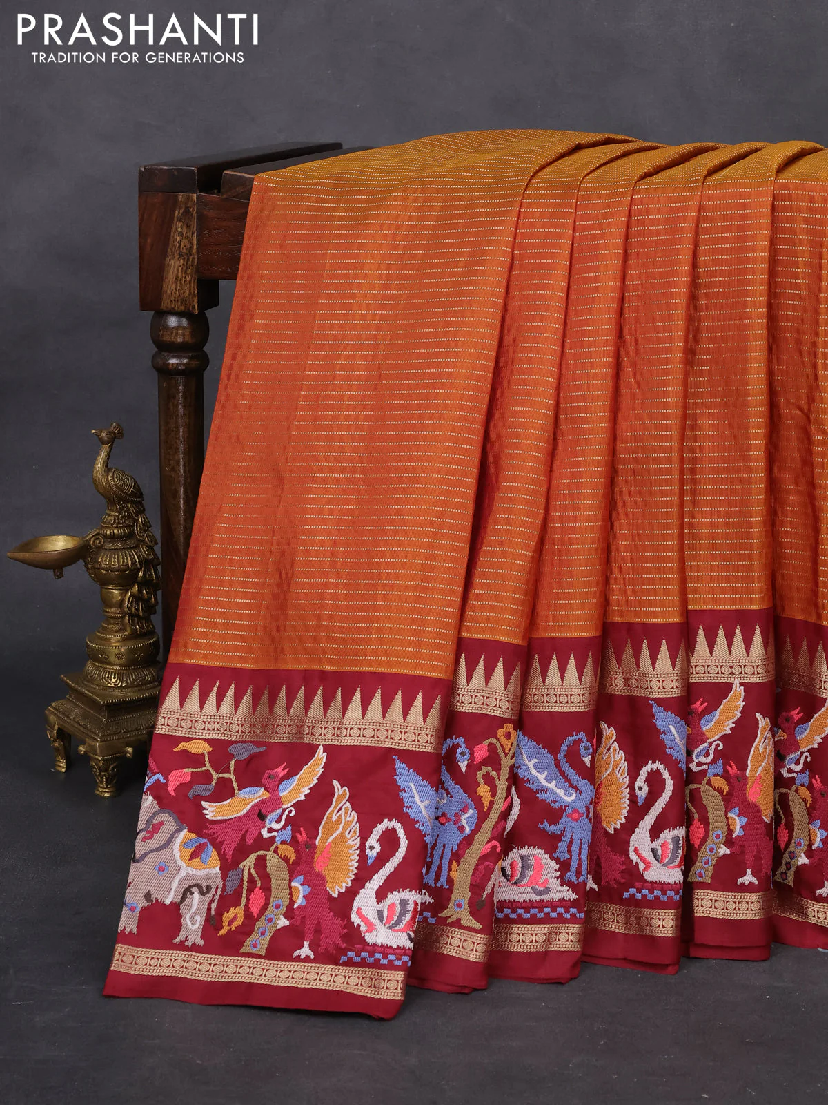 Dark mustard -Maroon Pure kanchipuram silk saree with Border Embroidery - Image 6