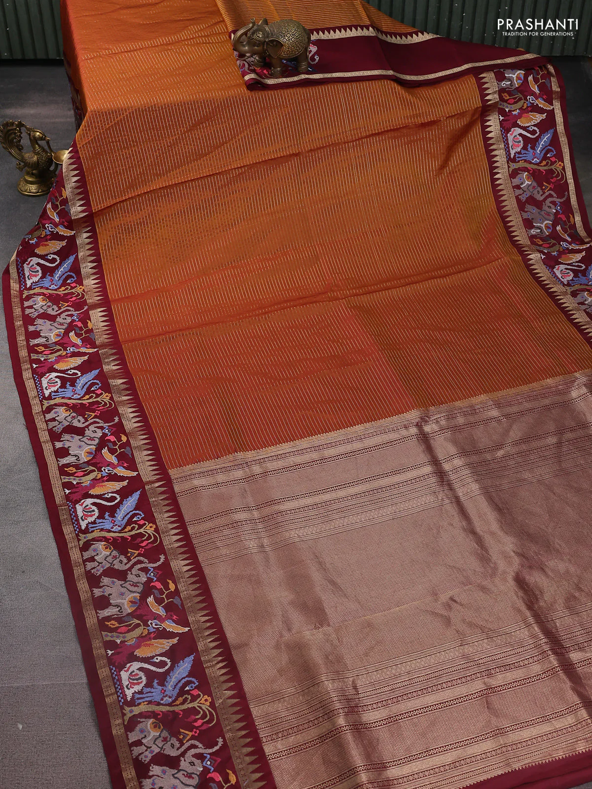 Dark mustard -Maroon Pure kanchipuram silk saree with Border Embroidery - Image 7